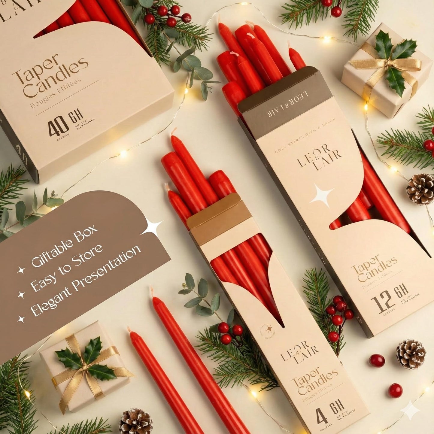 Leor & Lair Red Taper Candles - 4 Pack 10" Christmas Candlesticks - Unscented Long Burning Red Candles for Valentine’s Day, Christmas, Dinner Table, Weddings, Restaurants & Business Events