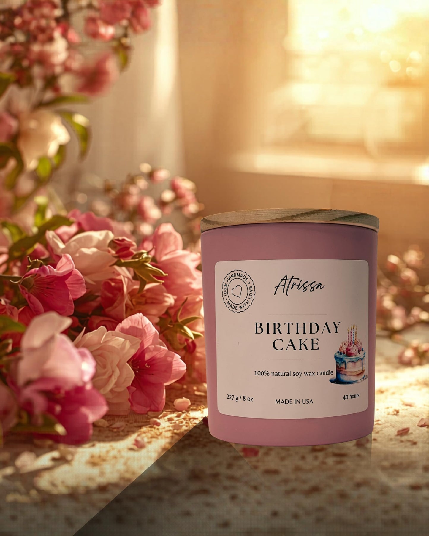 ATRISSA Birthday Cake Scented Candle – 8 oz Coconut Soy Wax, Pink Glass Jar, Handmade in USA, Eco-Friendly Non-Toxic Candle, Sweet Vanilla Cake Aroma Home Gift