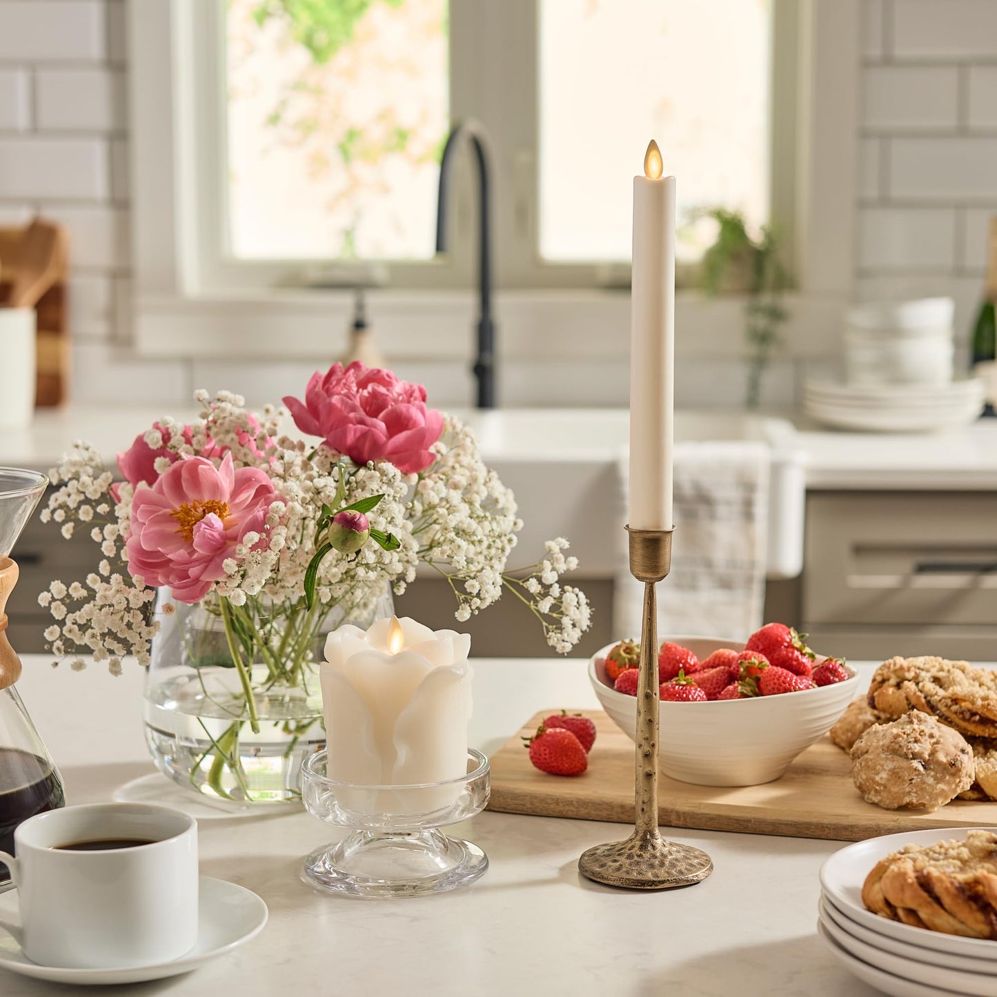 Luminara Snow White Rose Flameless Candle - 3.6" x 4.3" Rosebud Pillar - Real Flame Technology w/Flickering LED Light - Perfect for Mother's Day