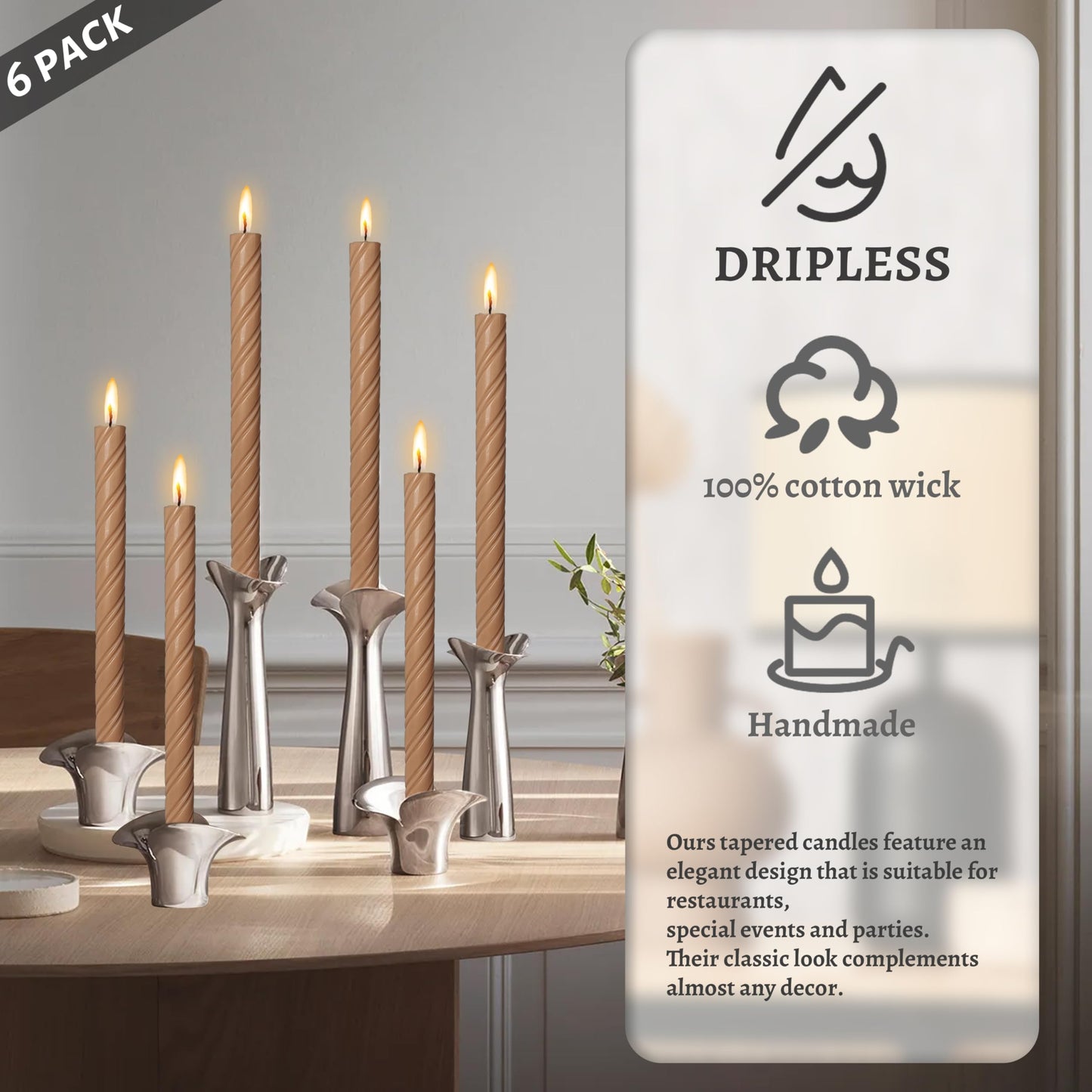 Unscented Taper Candles Dripless Brown Spiral Candles Smokeless Long Dinner Candles 10 Inch Housewarming Candlesticks for Home Decoration