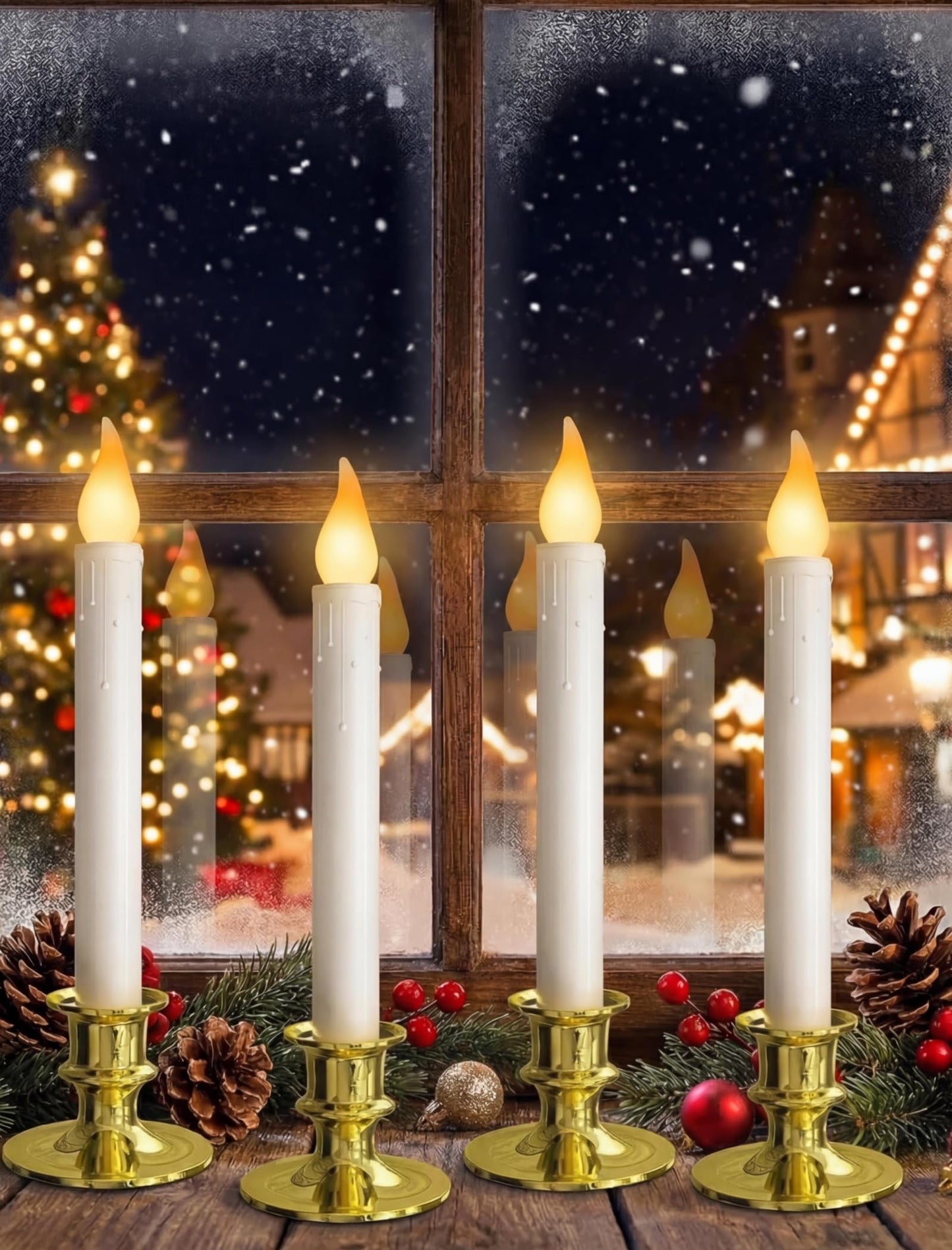 Pallerina 4-Pack Flameless Window Candles Battery Operated with Timer,3D Flickering Flame, Battery Operated LED Candlesticks with Suction Cups for Christmas Holiday Home Window Decor