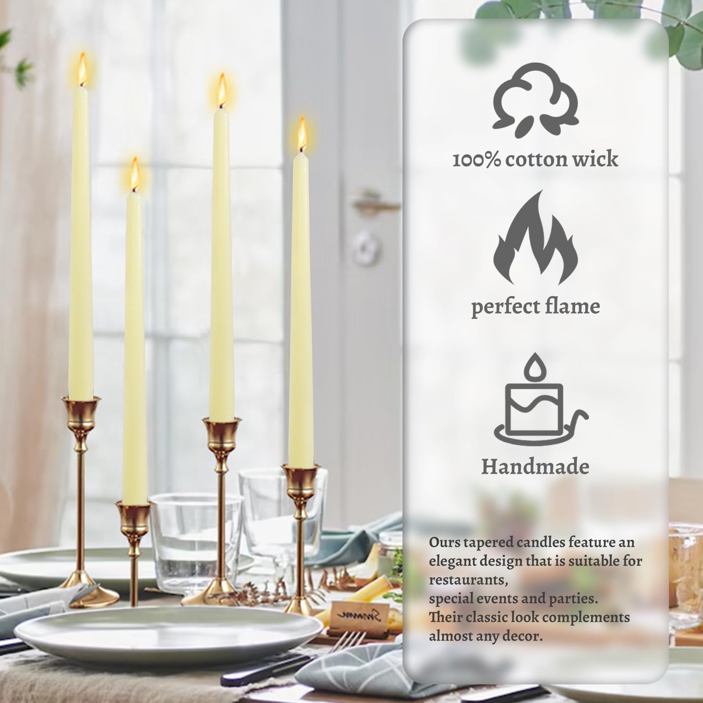 Handmade Ivory Yellow Taper Candlesticks Elegant Vanilla Scented Dripless Long Lasting Burn Candles Smokeless Aromatherapy Candles10 Inch Tall for Home Decoration Women's Gift Weddings