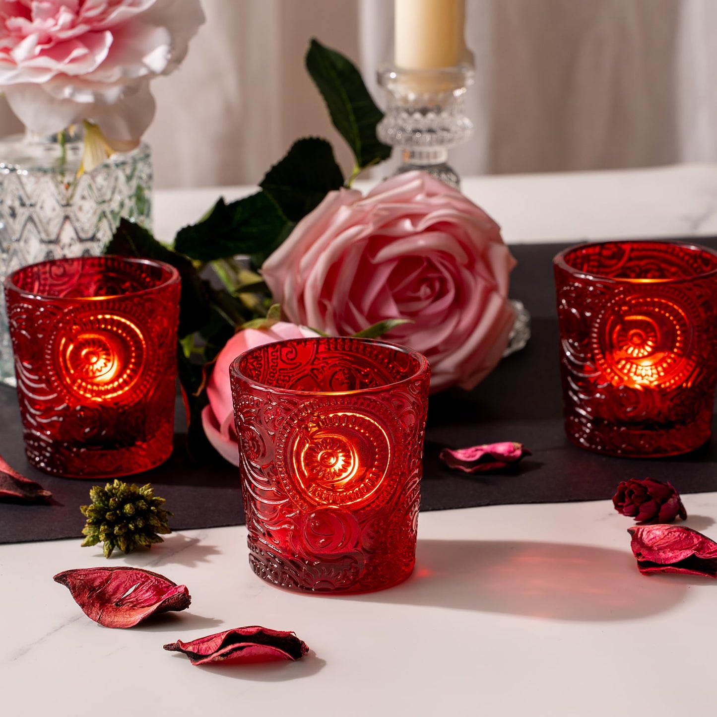 6 Pack Sun Moon Star Embossed Glass Tea Light Candle Holders - Votive Candle Holders for Wedding, Party, Home Decor, and Table Centerpieces (Ruby Red)