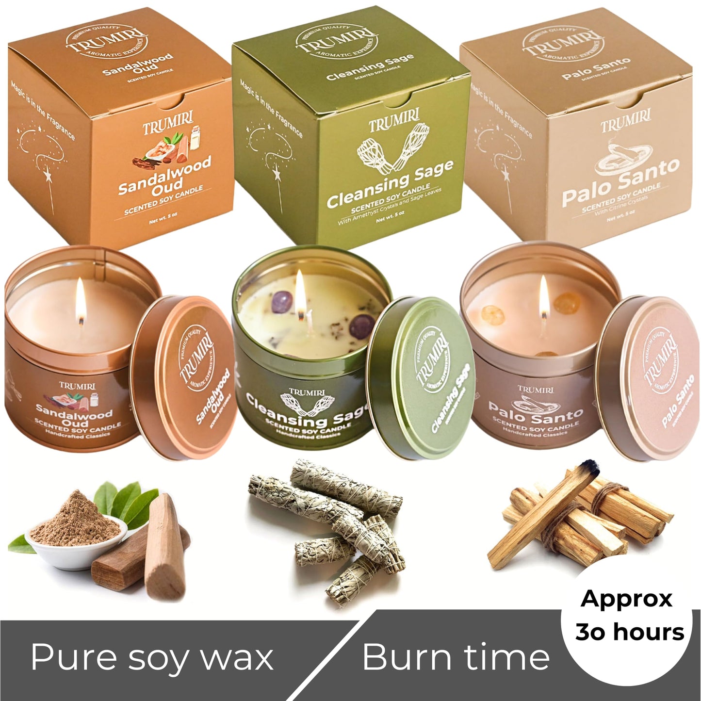 Cleansing Sage, Palo Santo, Sandalwood Oud - Soy Candles Non Toxic - Highly Scented Long Lasting with Essential Oils - Variety Pack of 3 x 5oz - for Home Aromatherapy Meditation Gift Travel