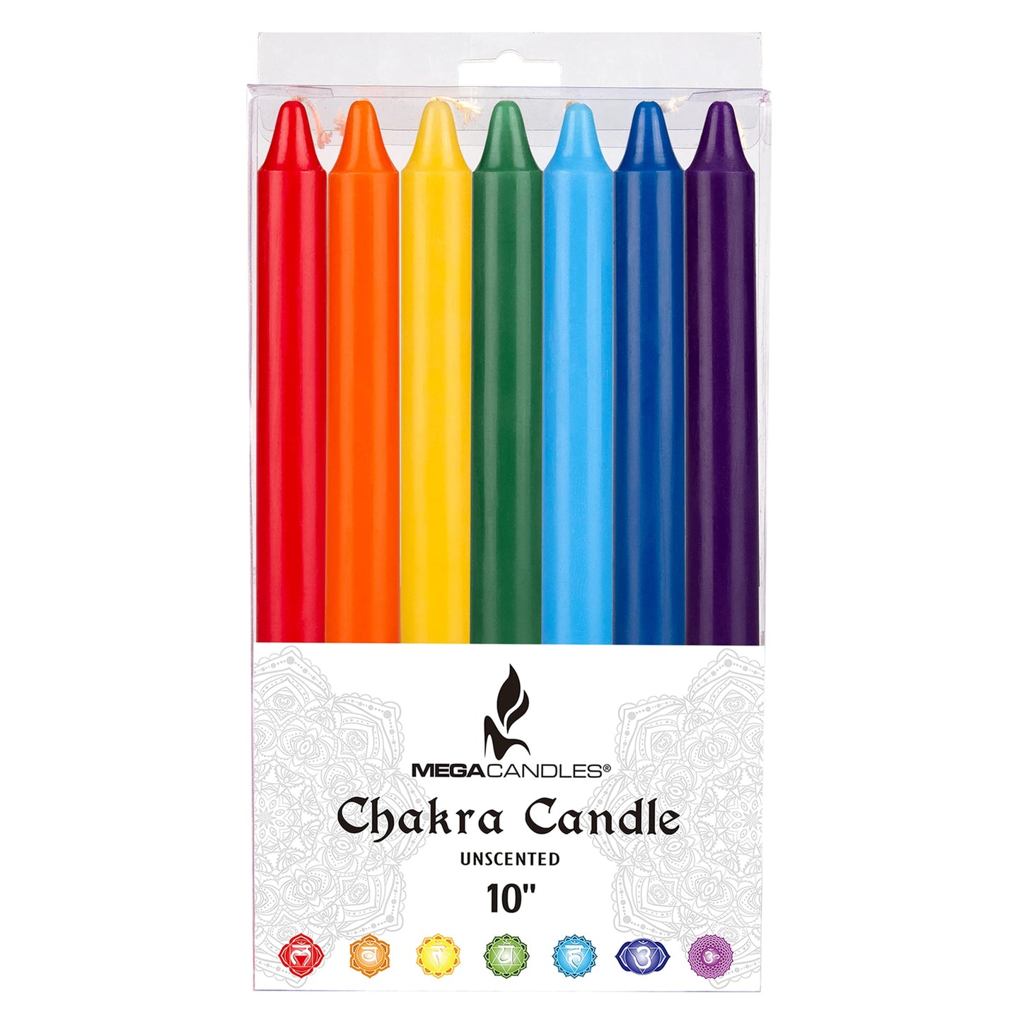 Mega Candles 7 pcs Unscented Straight Taper Chakra Candles Hand Poured Premium Wax Candles 10 Inch x 7/8 Inch, 100% Cotton Wick, Positive Healing Energy, Meditation, Relaxation, Reiki, Yoga