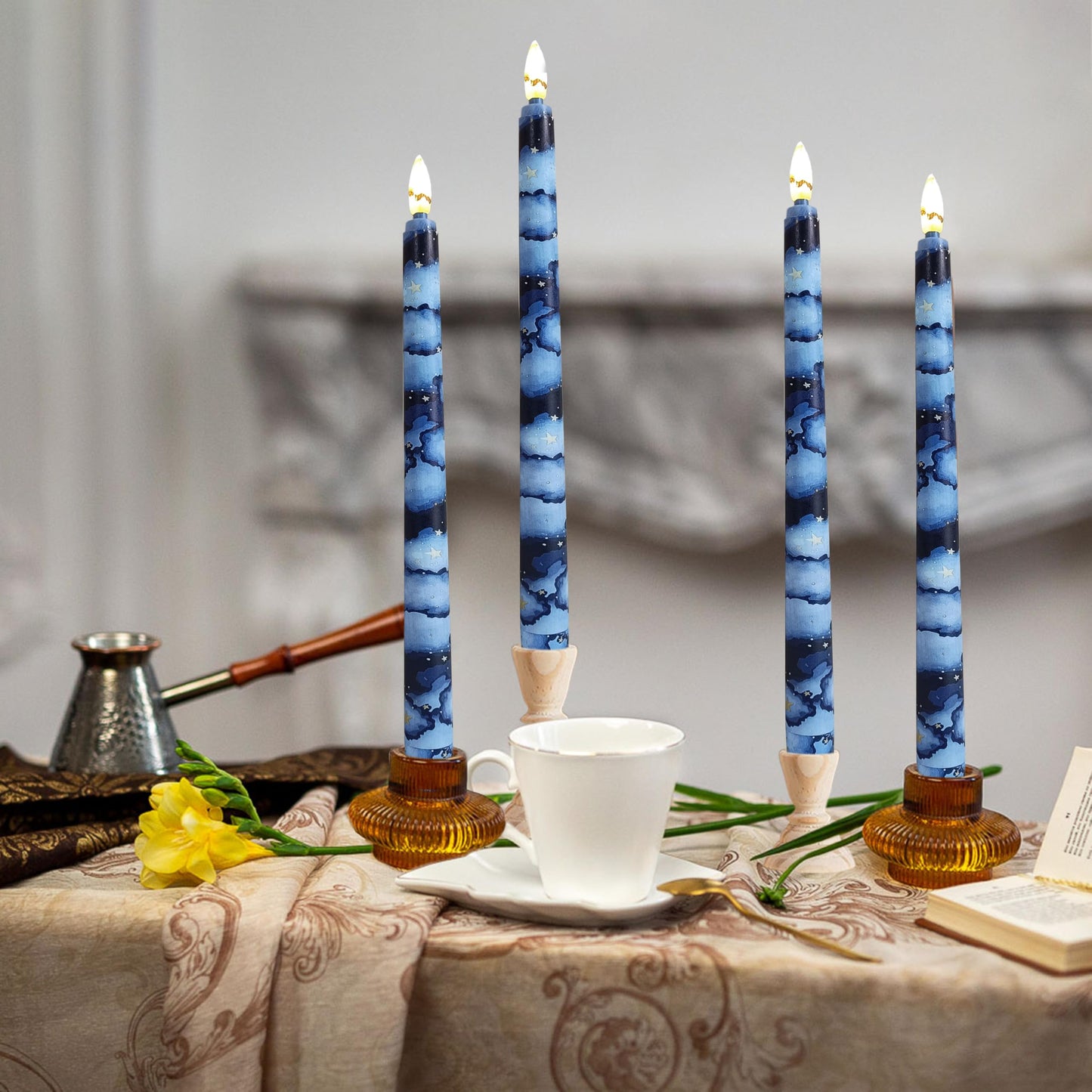 FCMSHAMD 6PCS Starry Sky Flameless Taper Candles, 11 Inch LED Candlesticks Battery Operated with 11-Key Remote and Timer, 3D Flickering Flame Lights for Wedding Party Home Decor Gifts