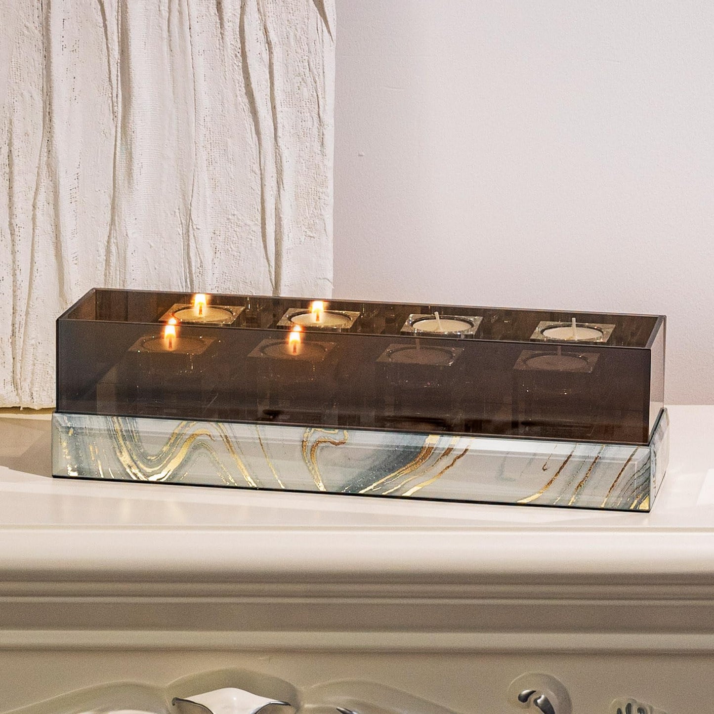 Crystal Glass Candle Holder Rectangular 4 Candle Seat with Marble Pattern-Tealight and Votive Candles Holders Centerpiece Table Decorations for Home Décor, Dining Room, Kitchen, Patio (White)