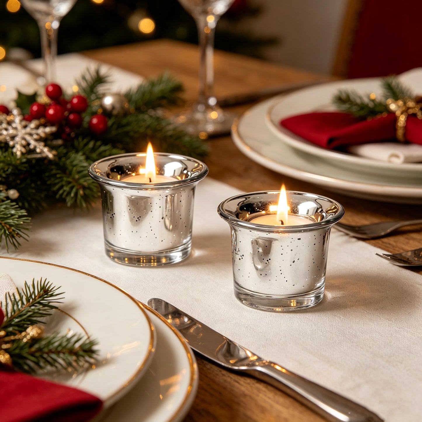 Hosley Set of 6 Metallic/Antique Finish Glass Candle Tealight Holders. Ideal Gift for Wedding Bridal Party Reiki LED Votive Tea Light Gardens O4 (Antique Silver)
