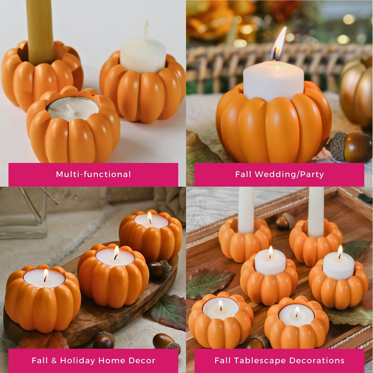 Kate Aspen 2-in-1 Pumpkin Candle Holder Set - Orange Fall Taper, Tealight & Votive Candle Holders - Pumpkin Table Centerpiece, Fall Candle Decor, Halloween Candlestick Holder (Set of 6)