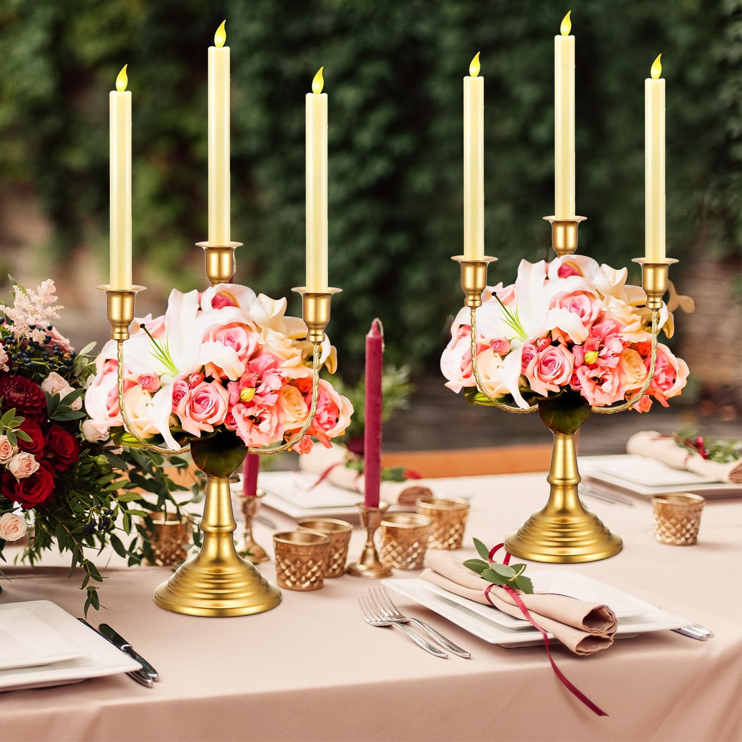Hushee 6 Pcs Gold Candelabra Candle Stand Metal Candlestick Holder 3 Arm 12 Wedding Candlestick Holder for Theme Party Table Centerpieces Wedding Holiday Birthday Party