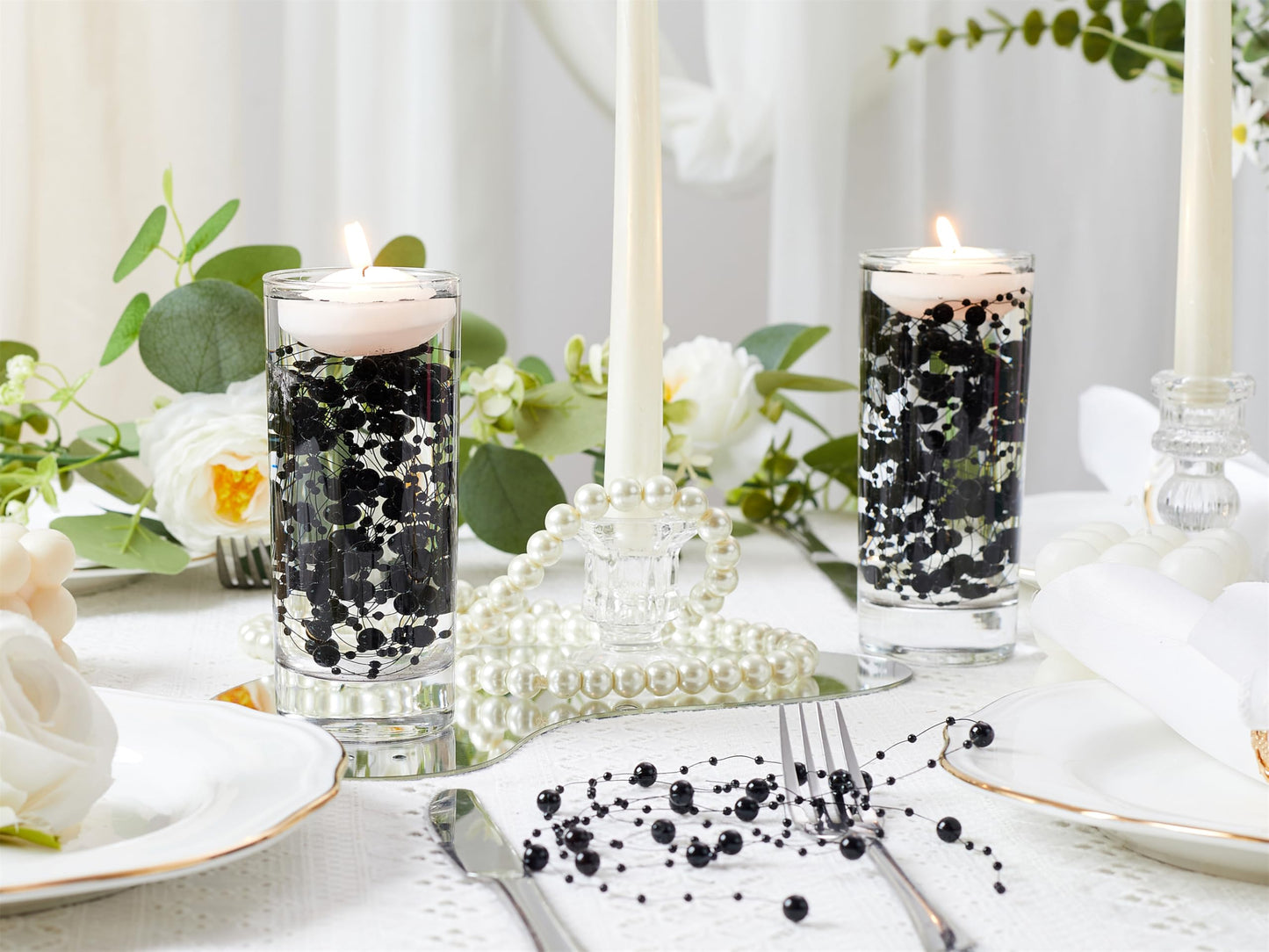 YATOJUZI 30 PCS Artificial Pearl String Black Vase Filler Floating Pearls for Vases Centerpieces Faux Pearl Beads String Decorations Wedding Holiday Party Decor