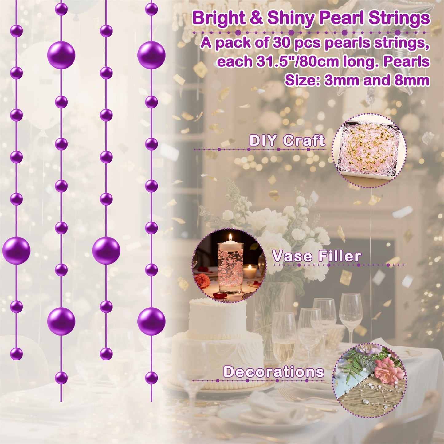 YATOJUZI 30 PCS Artificial Pearl String Purple Vase Filler Floating Pearls for Vases Centerpieces Faux Pearl Beads String Decorations Wedding Holiday Party Decor