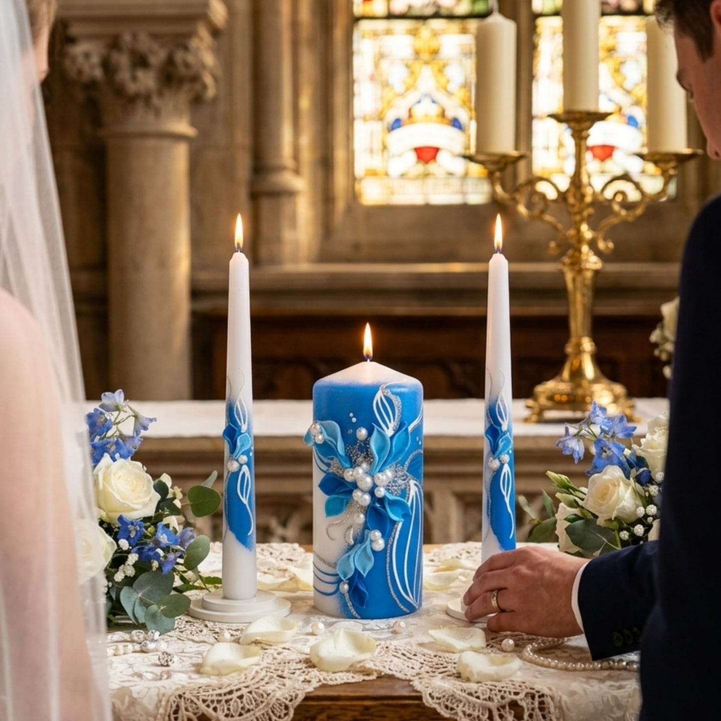 Magik Life Unity Candle Set - Wedding Ceremony & Reception – 6” Pillar & Two 10” Taper Candles – Long Burning Unity Candles for Marriage Ritual – Handmade in USA –White | Royal Blue