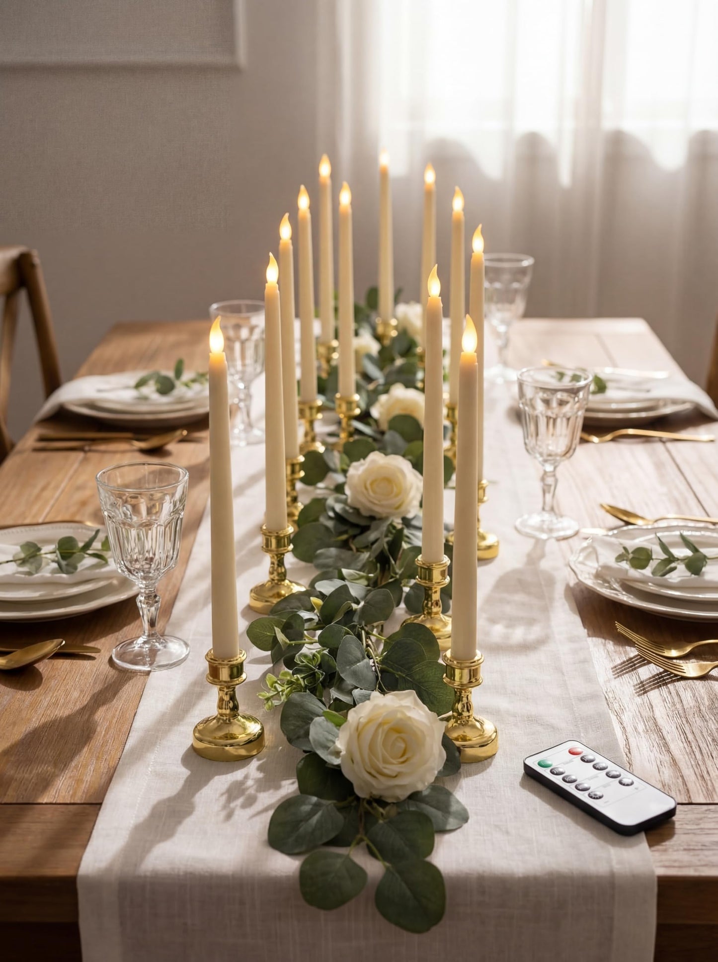 VIHOSE 24 Pcs Flameless Taper Candles with Holders Remote Timer Battery Operated Candles Bulk LED Candlesticks Flickering for Valentines Wedding Home Window Carnival Party Decor(Gold,Classic Style)