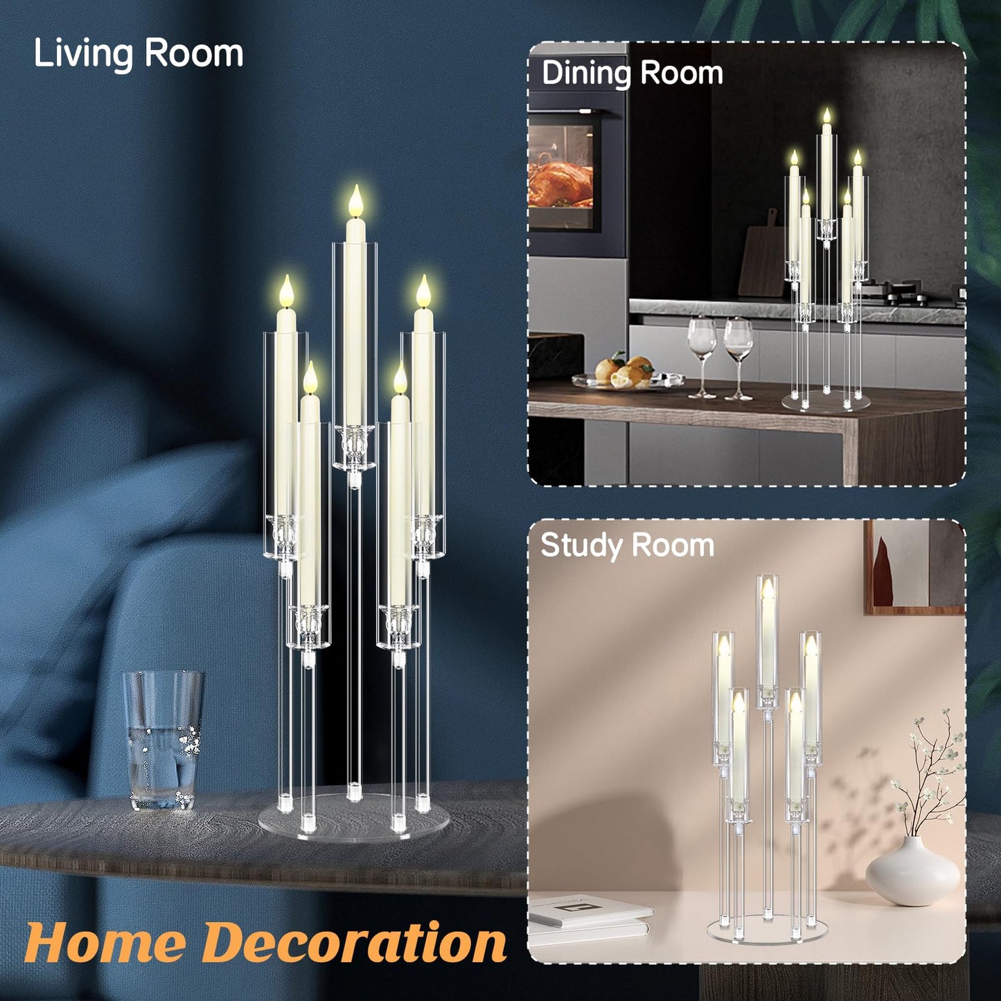 Clear 5 Arms Candlesticks Holder with Acrylic Shade for Wedding Table Decorations,26'' Tall Acrylic Candelabra Centerpieces for Candlelight Dinner Party Fireplace Gift Fit LED Candle（6 Pcs）