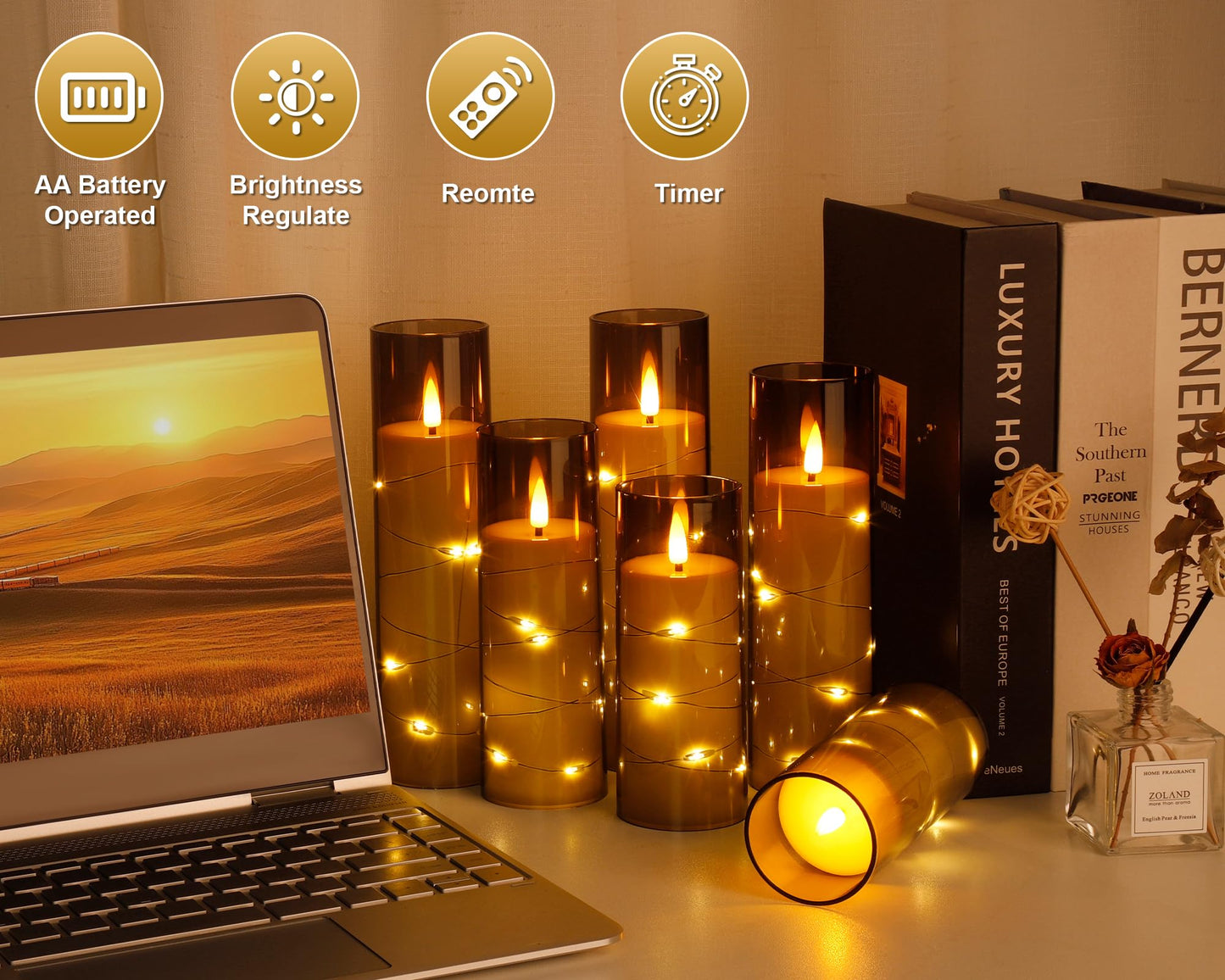 Enido Flameless LED Candles with Remote & Timer, Battery Operated Acrylic Pillar Set, 10 Pc Flickering Electric Lights with Embedded Star String for Cozy Home & Holiday Romantic Decor (Matte Grey)