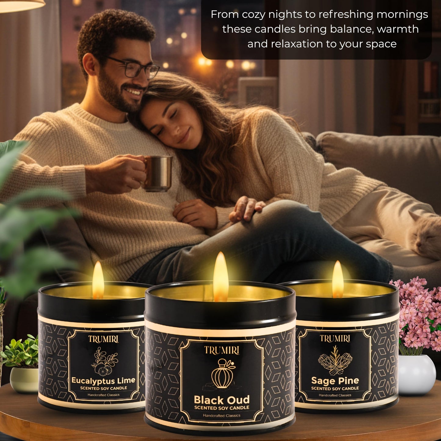 Candle Gift Set of 3 Black Oud|Sage Pine|Eucalyptus Lime Strong Scented Soy Candels Clean Non Toxic Velas Aromáticas Favors for Women Coworkers Friends Guests Also for Fall Diwali Christmas Holidays