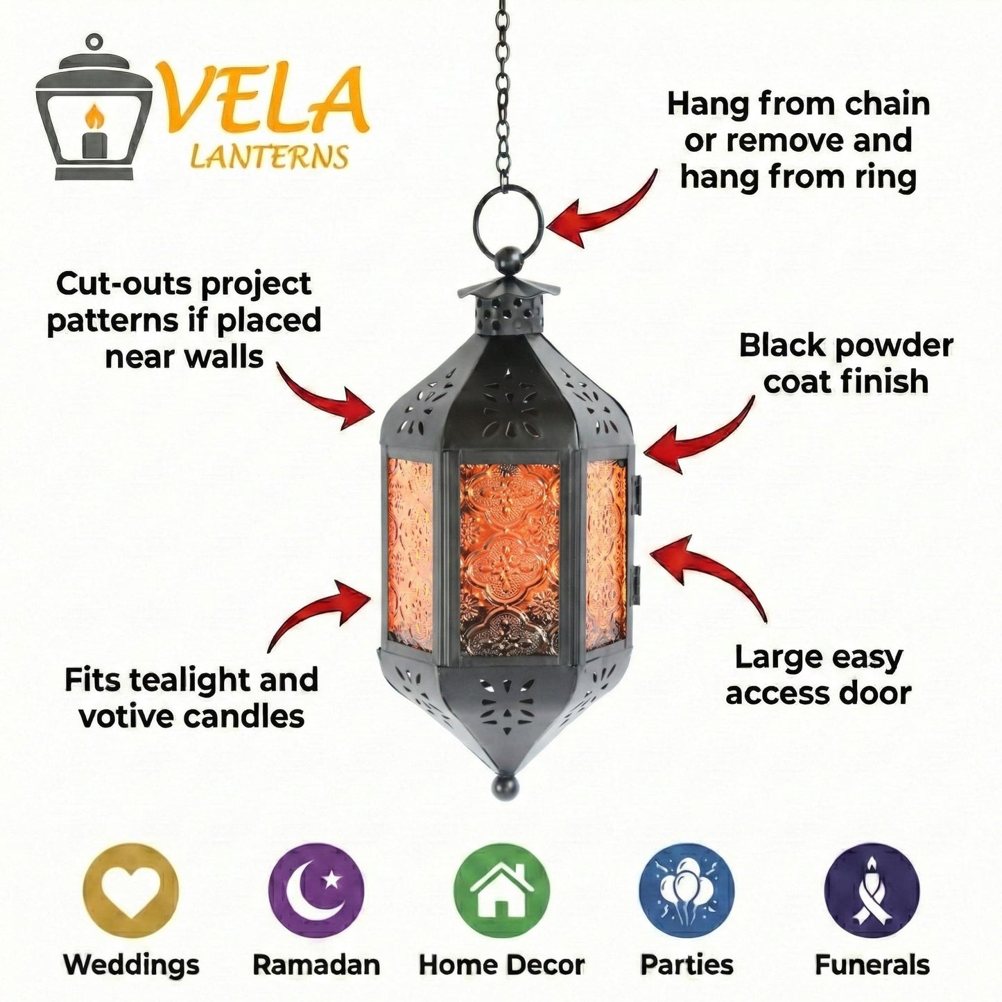Vela Lanterns Hanging Moroccan Lamp - Exotic Decorative Patio & Porch Decor, Indoor Outdoor Tea Light Candle Lantern Holder with Chain (11" Medium, Amber Glass, 3-Pack)