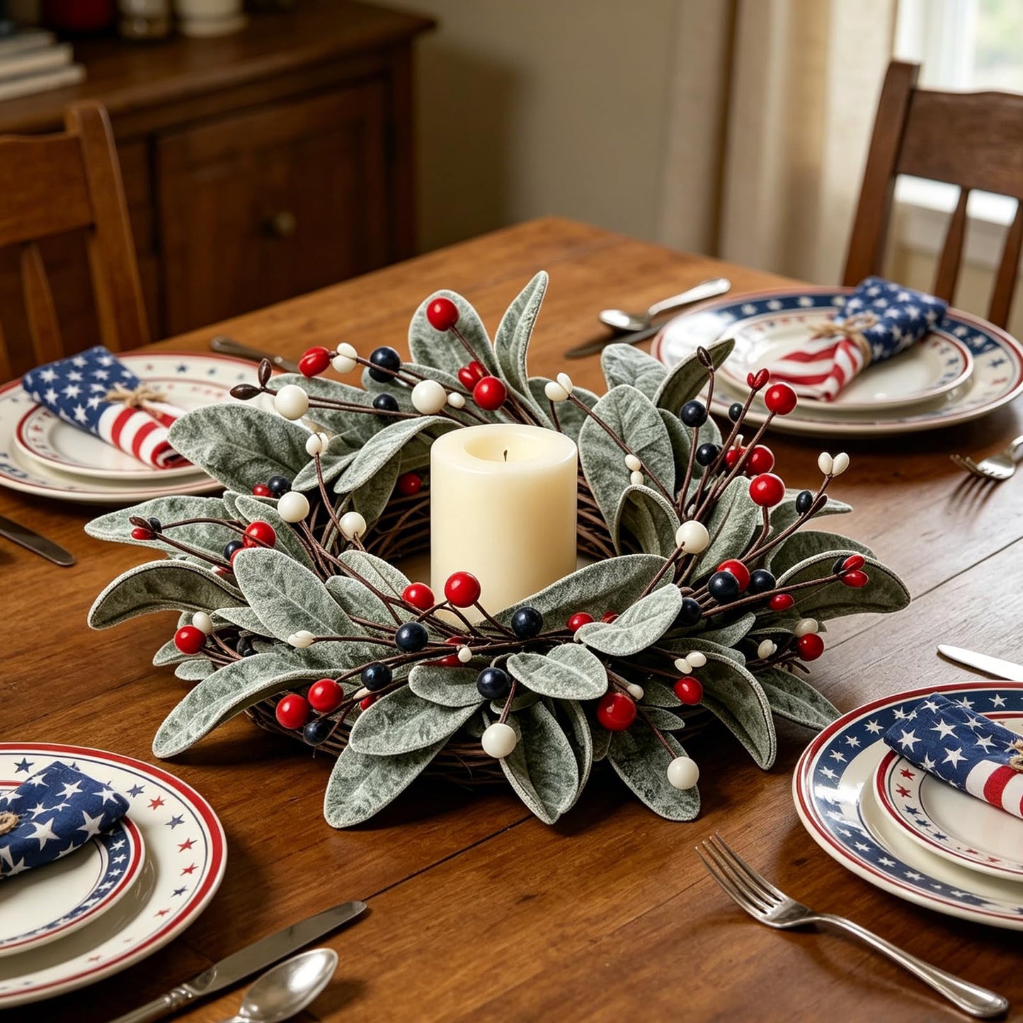6 PCS Patriotic 4th of July Candle Rings Wreaths Independence Day Candle Rings Holder with Red White Blue Berries & Lamb's Leaves Mini Memorial Day Labor Day Wreath for Home Table Centerpiece Decor