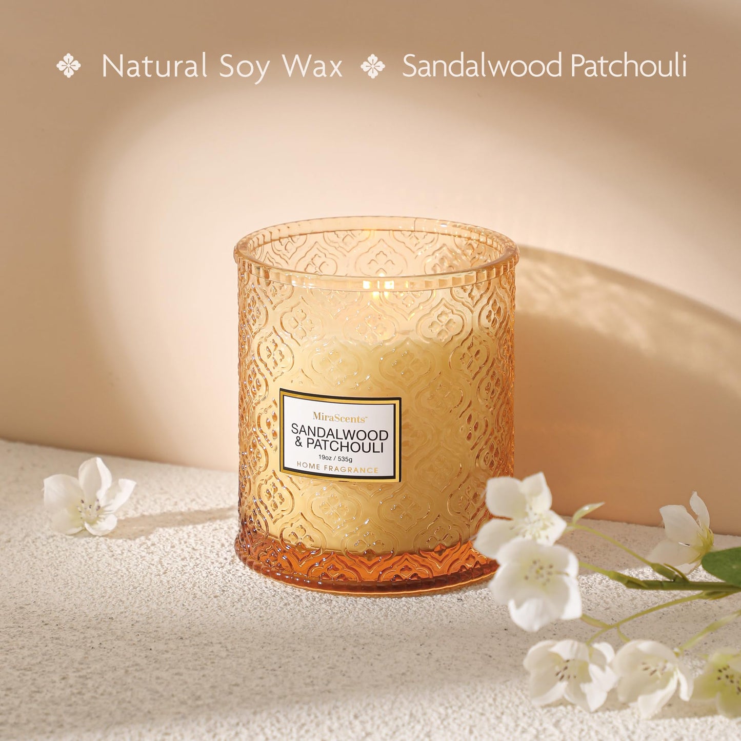 Sandalwood & Patchouli Candle, Luxury Decorative Glass Candle 19oz, Soy Wax Scented Gift for Women, Elegant Home Fragrance