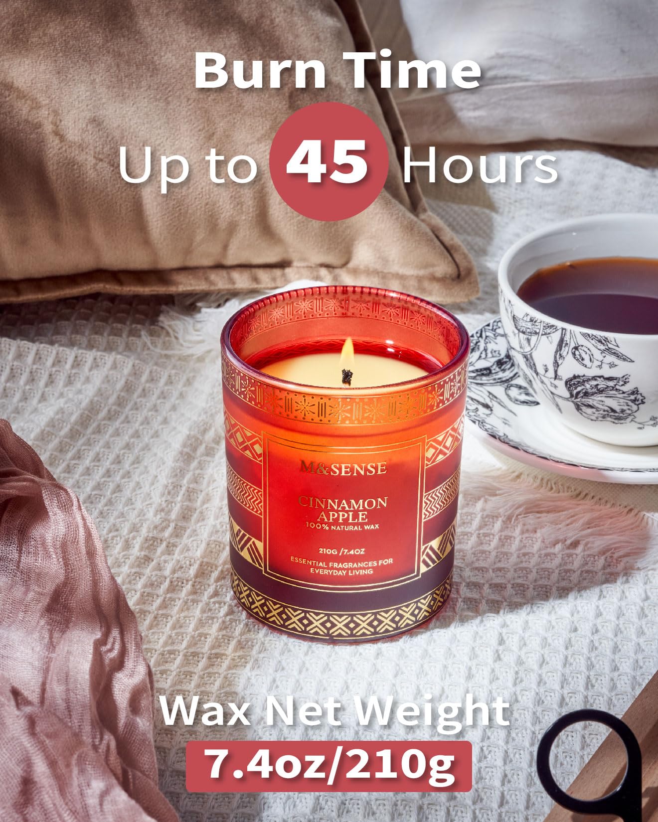 M&SENSE Cinnamon Apple Christmas Soy Candle, Natural Non Toxic 7.4oz 45 Hour Long Burning, Winter Luxury Holiday Candle for Home Scented, New Year Gifts for Men & Women