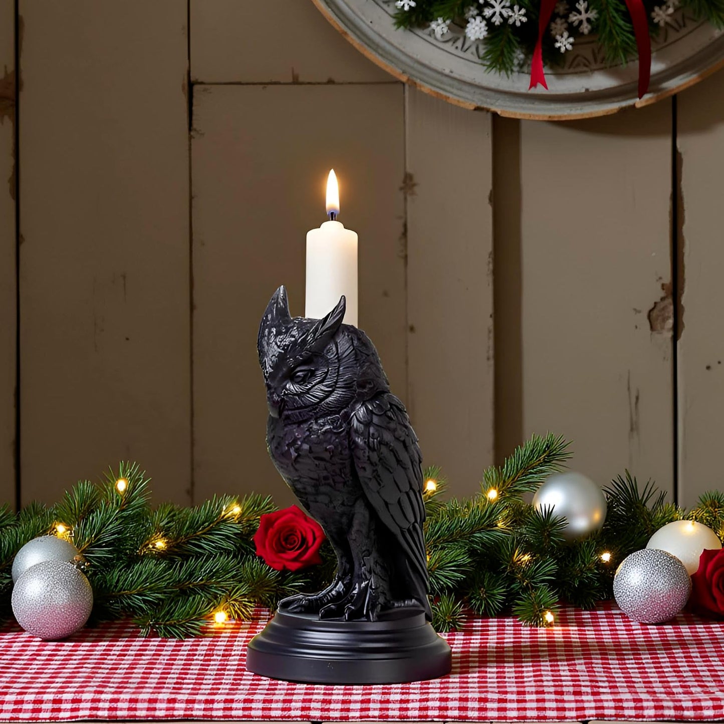 Gothic Black Owl Candle Holder Statue,Resin Cat Candlestick Holder,Halloween Gothic Tabletop Decor for Home,Dining Table & Party,Witchy Cat Figurine Gift (owl)