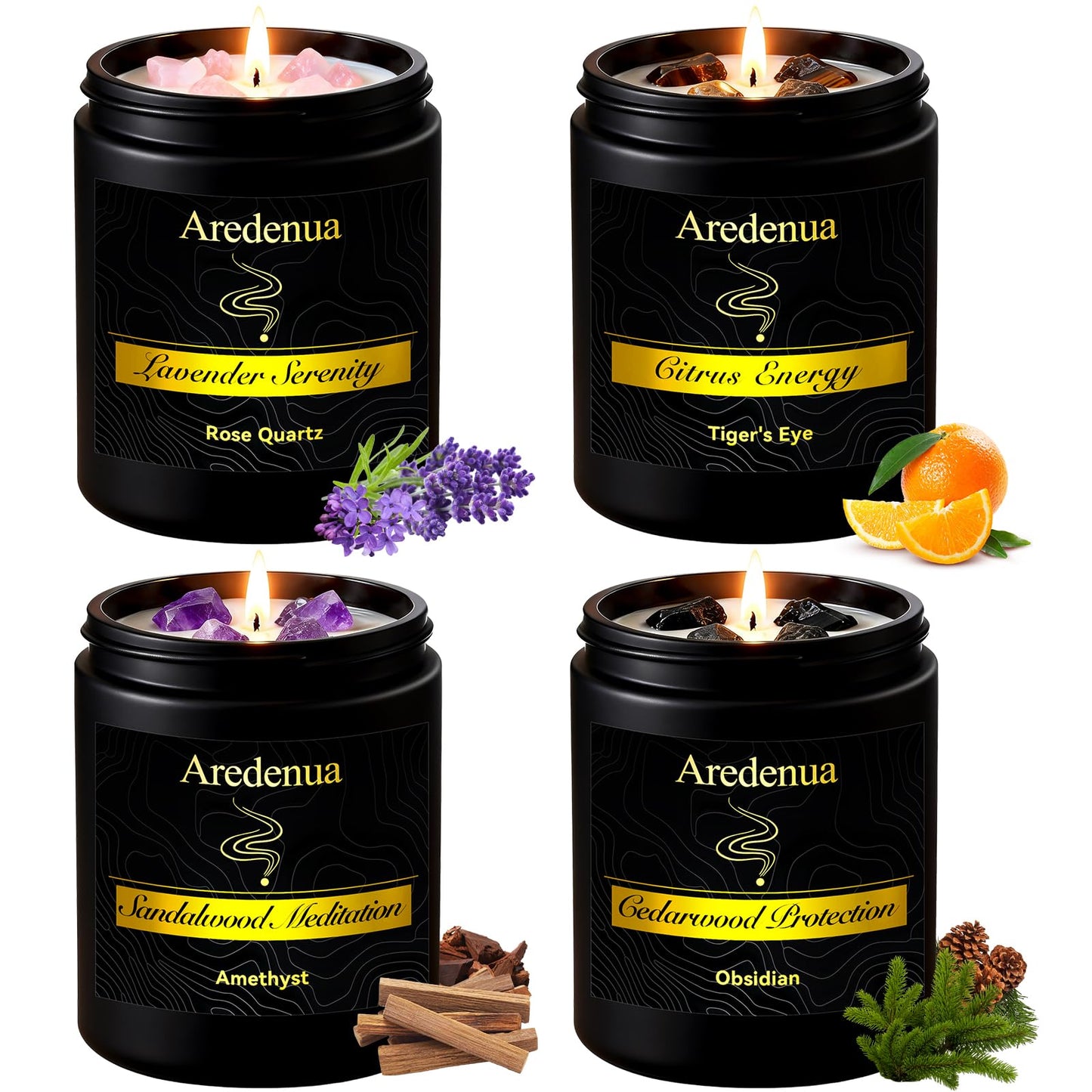 Aredenua Scented Candles Set, 4 Pack Crystal Healing Candles with Rose Quartz Amethyst Tiger Eye Obsidian, 7oz Natural Soy Wax Candles, Lavender Citrus Sandalwood Cedar, Meditation Gifts for Women Men