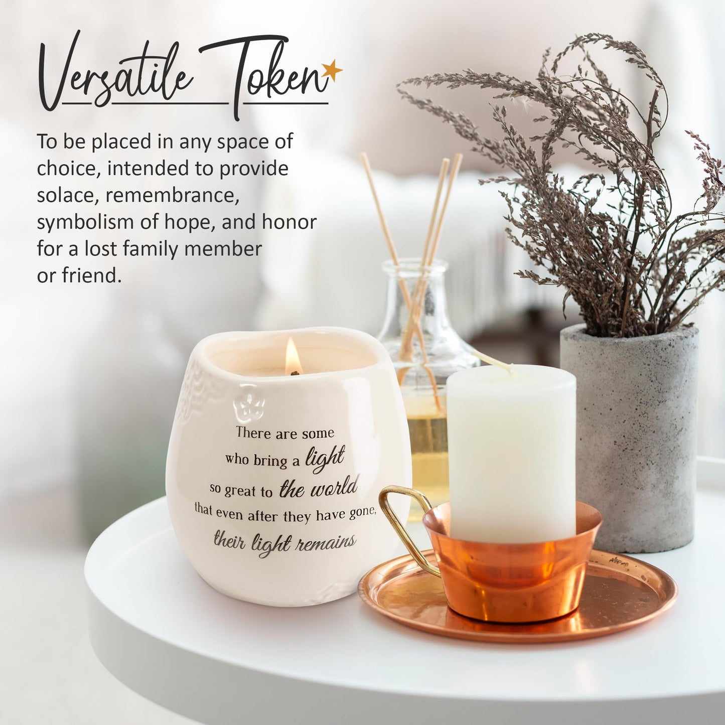 Pavilion Gift Company - 'In Memory, Light Remains' 19176 - White Ceramic Candle with Soy Wax in a Delicate Jasmine Scent, Thoughtful Sympathy, Remembrance, and Condolence Gift - 8 Ounces