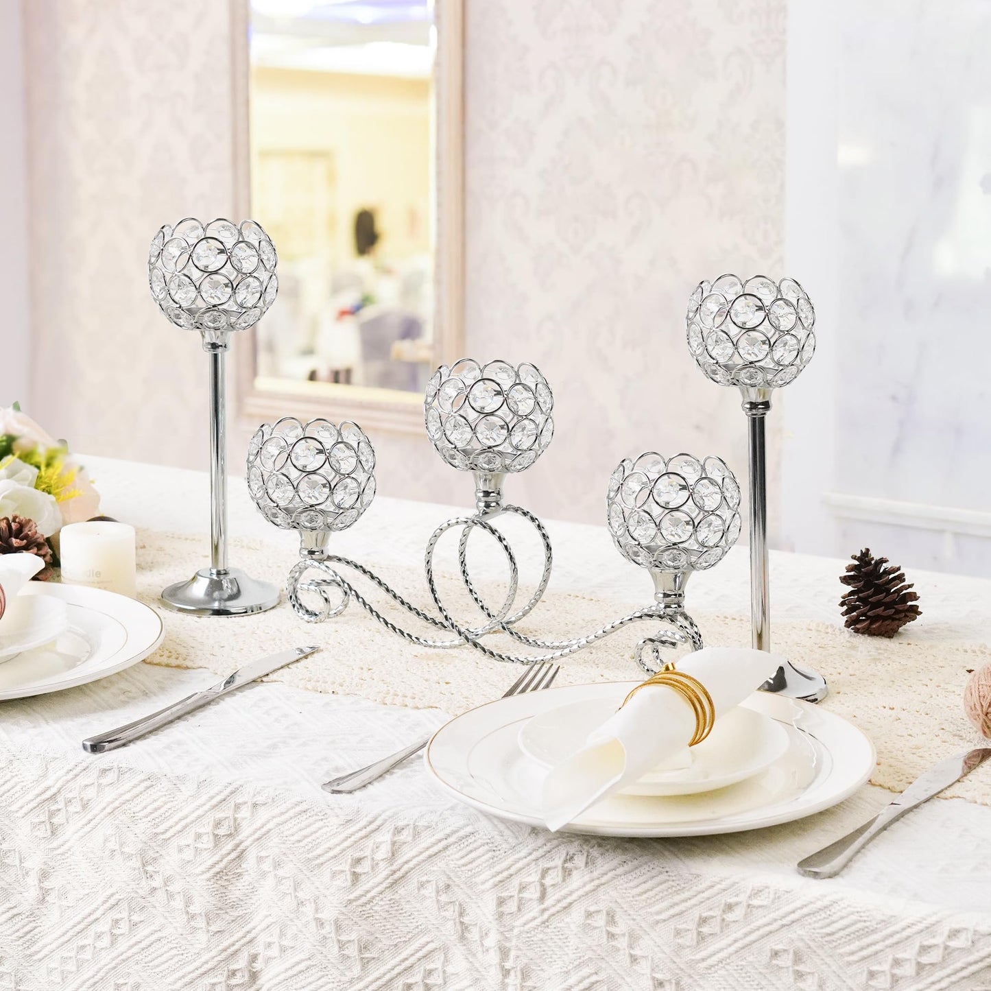 Silver 5 Arm Metal Crystal Tea Light Candle Holder, Elegant Wedding Table Centerpiece Candle Holder, Christmas Wishing Crystal Bowl Candle Holder Suitable for Wedding Party Living Room Decoration