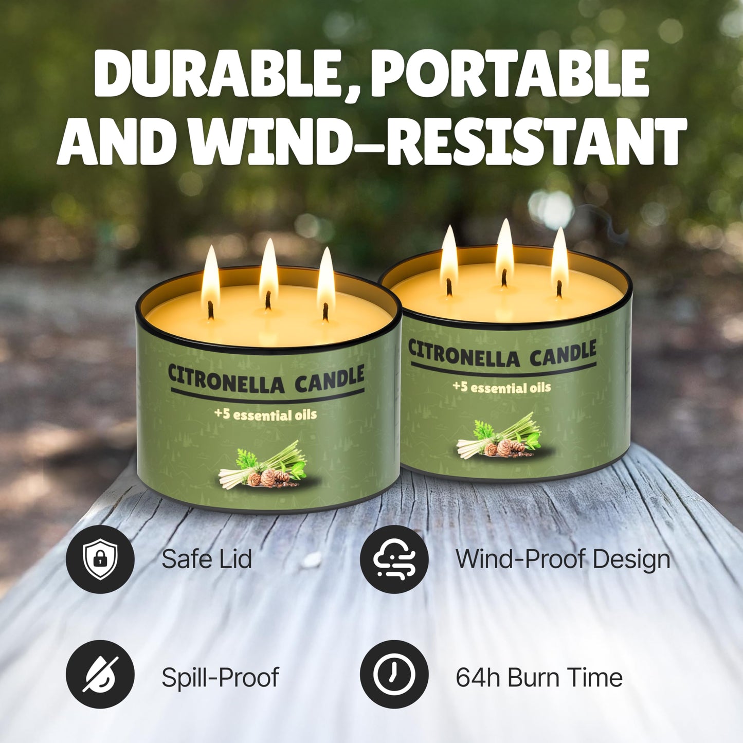 Buzz Defender 2-Pack 14oz Outdoor Citronella Candles | Highly Effective 100% Natural | 64h | Large Citronella Candles Outdoor, Ideal for The Backyard Porch, Patio and Camping | Extra Strong (Regular)