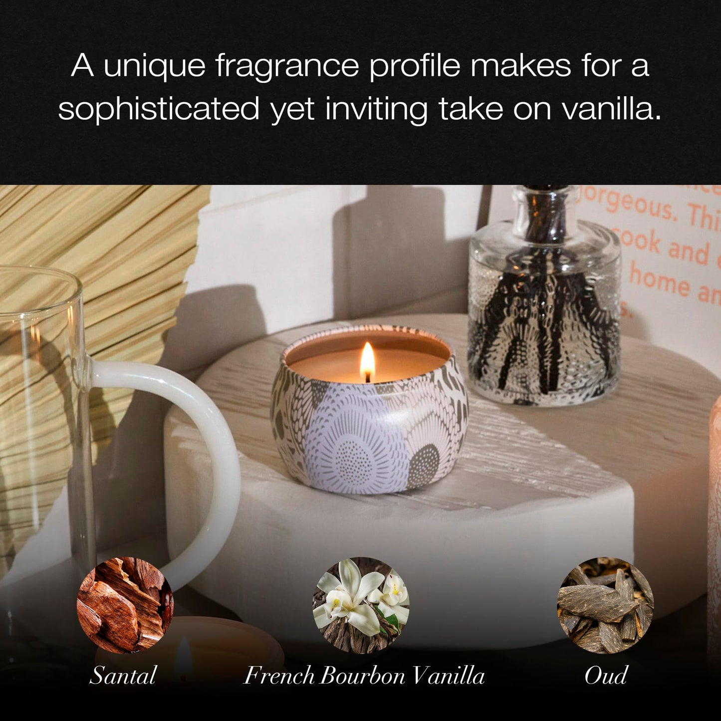 Voluspa Santal Vanille, Mini Tin Candle, 4 Ounce, 25 Hour Burn Time, Coconut Wax for Clean Burning, Handcrafted in the USA