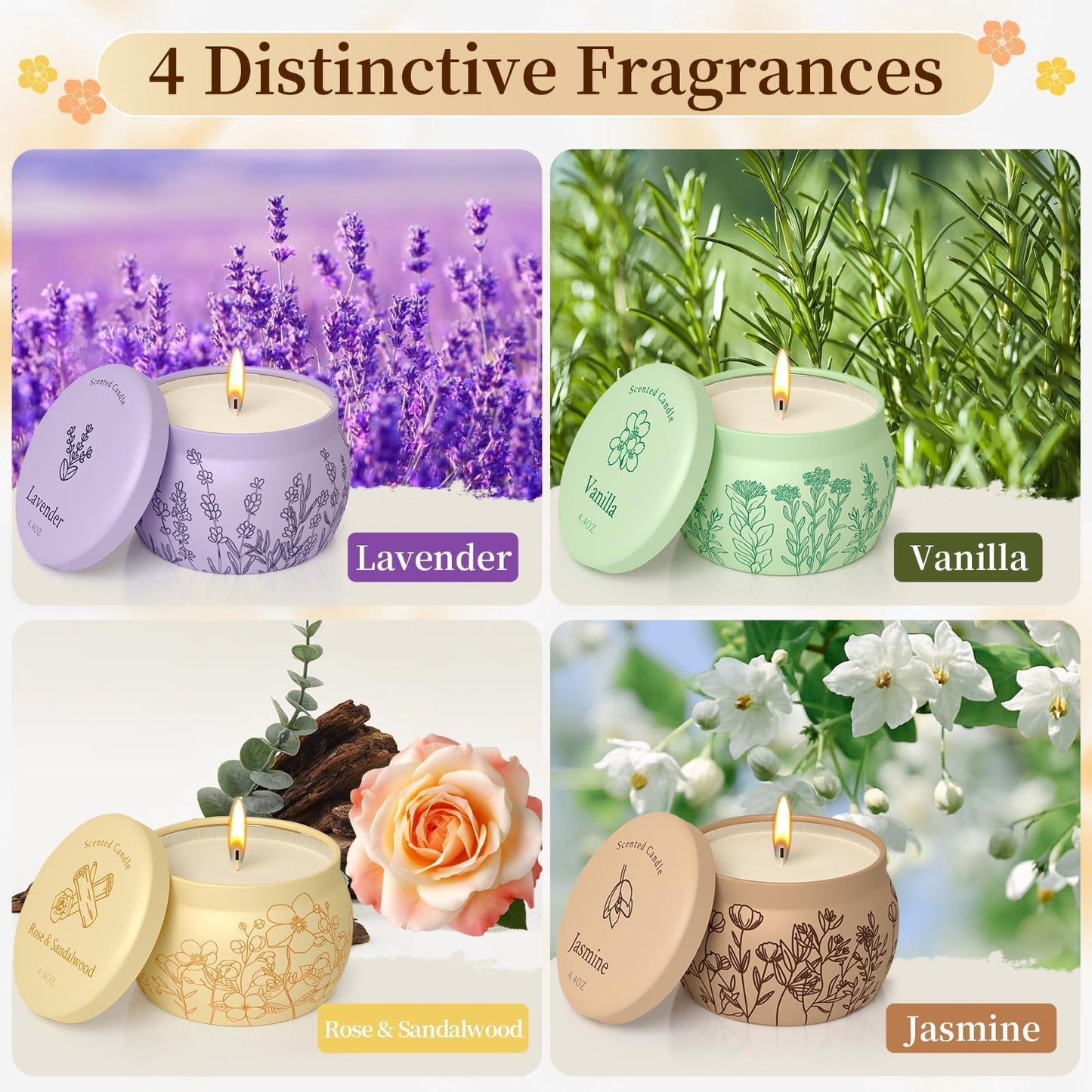 Scented Candles for Mom, 17.6oz Romantic Jar Candles for Women Girl Candle Set, 120H Burning, Soy Candle for Home Scented, Mother's Day,Birthday,Lavender | Vanilla | Rose & Sandalwood | Jasmine -4Pack