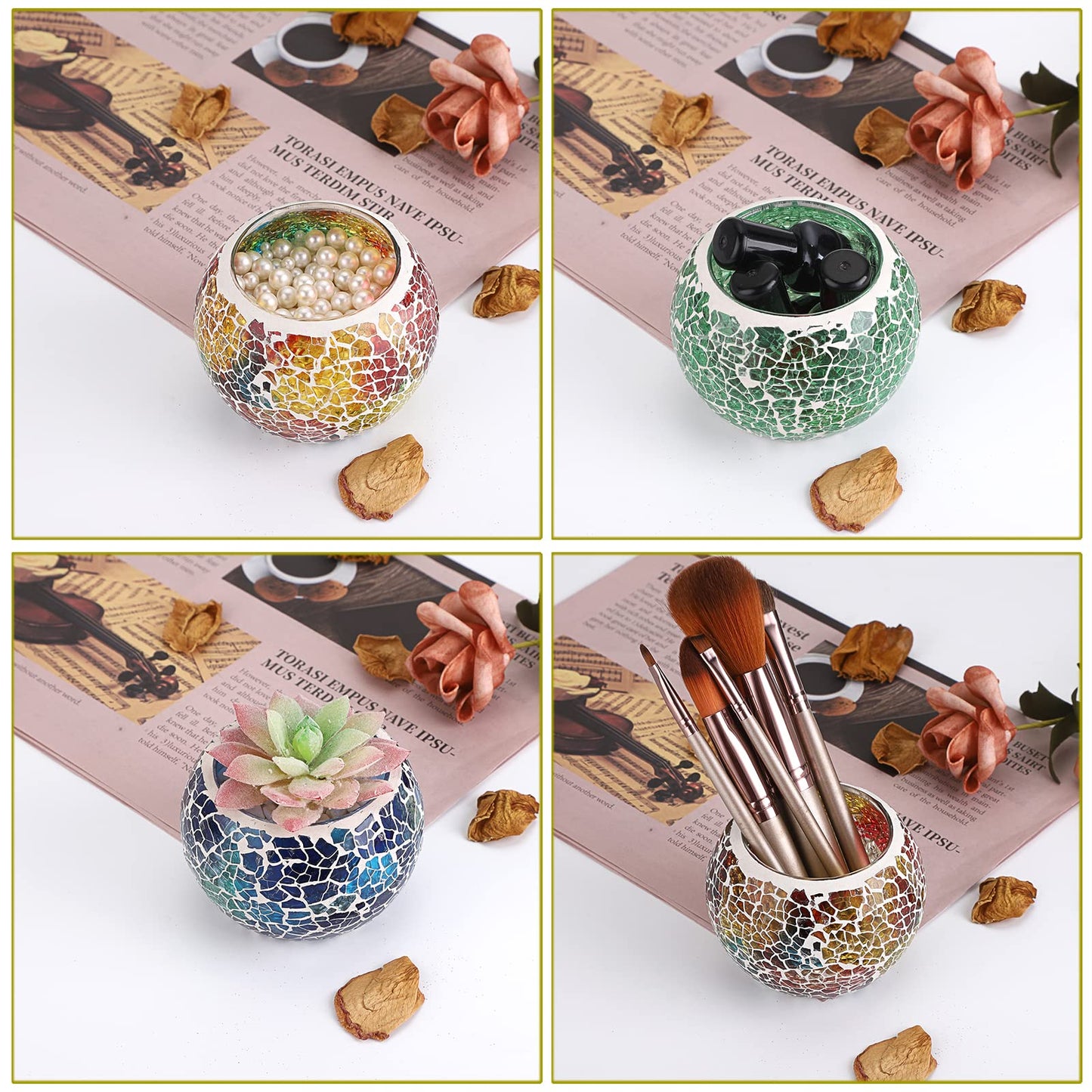 OwnMy 6PCS Mosaic Glass Tealight Holders: Round Votive Candle Holders & Stands for Table Centerpieces, Multicolor Glass Mosaic Tealight Holders, Small Potted Plant Bowl Candle Vases