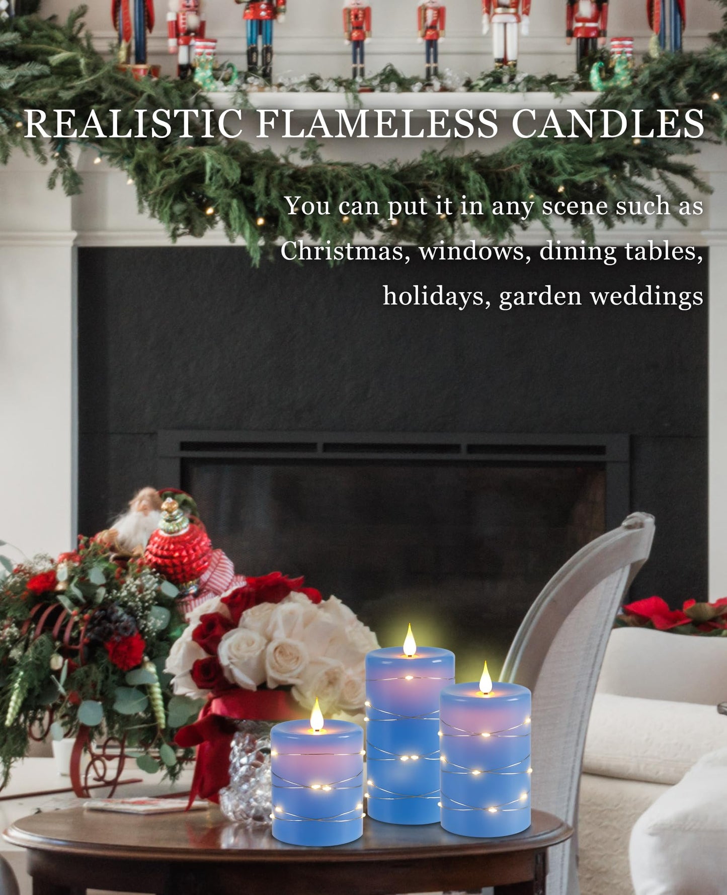 Da by 3 Pack Blue Real Wax Flameless Taper Candles, Lifelike Flickering LED Flame Candles with Surrounding Fairy String Lights, Soft Warm Battery Candles with Remote for Home Wedding Holiday Decor