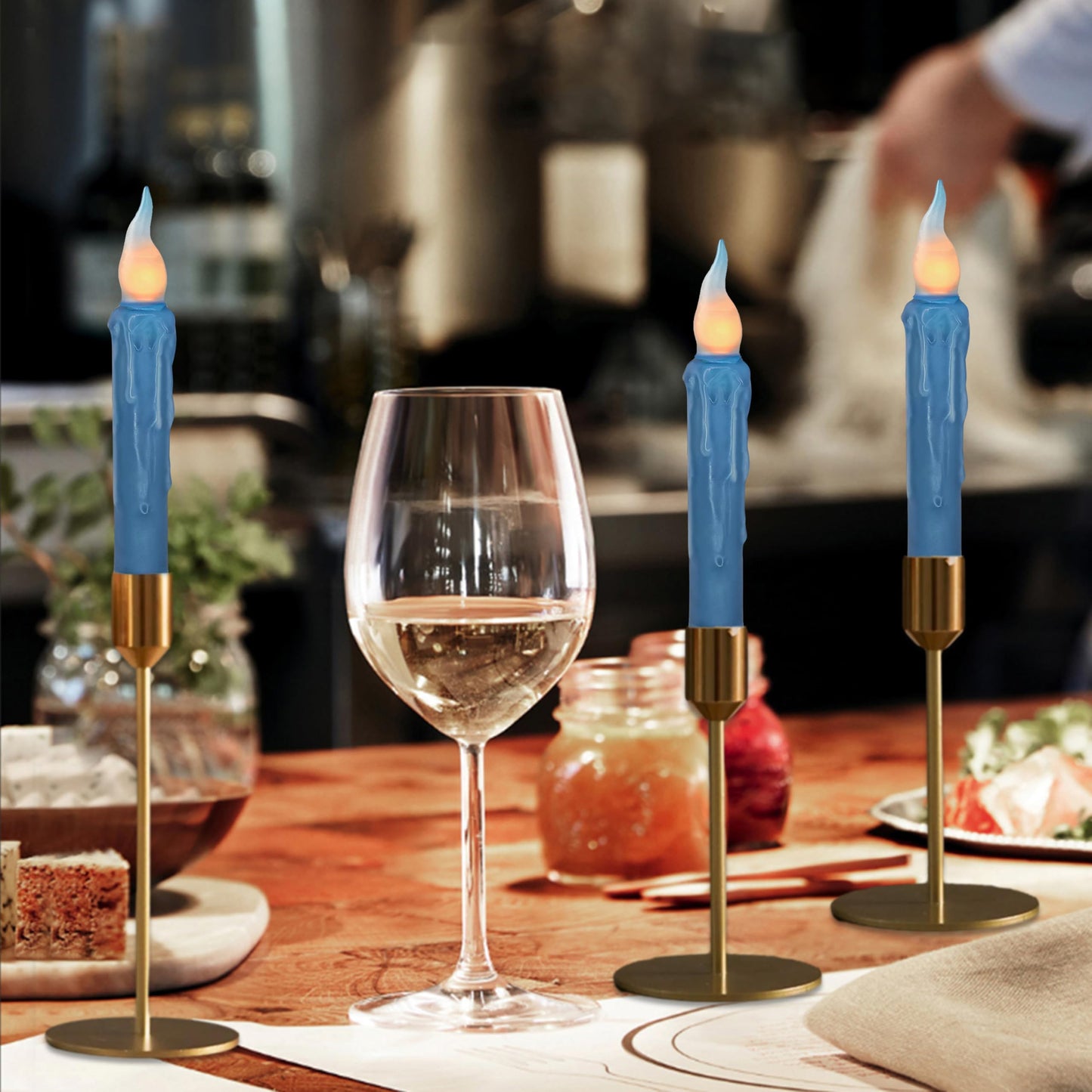 Dark Blue Flameless Short Taper Candles, Real Wax Hand Dipped LED Battery Operated with Remote, Flickering Flame Lights for Festival Party Home Décor, 6.7 Inch Primitive Flameless Candles, 4PCS