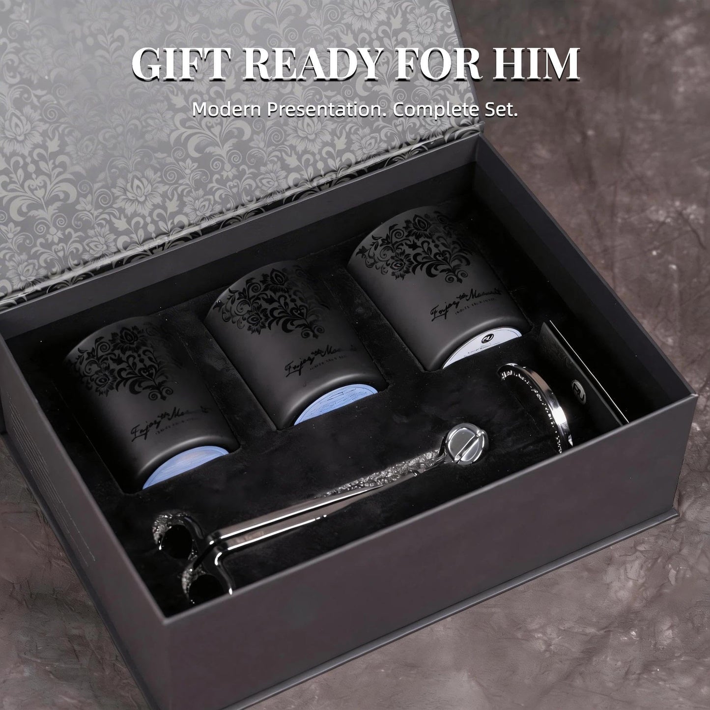 Luxury Black Crystal Candle Gift Set for Men 3 Pack 7oz Soy & Beeswax Candles with Real Natural Crystals, Zinc Alloy Lids & Wick Trimmer, 120H Burn Time, Masculine Woodsy Home Fragrance