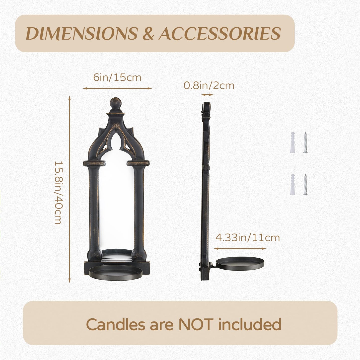 Walasis Black Candle Sconces Gothic Wall Decor - Wood Rustic Farmhouse Wall Candle Holder Set of 2 for Livingroom Fireplace - Black Dark Mirror Candle Sconces for Halloween Art Decorations
