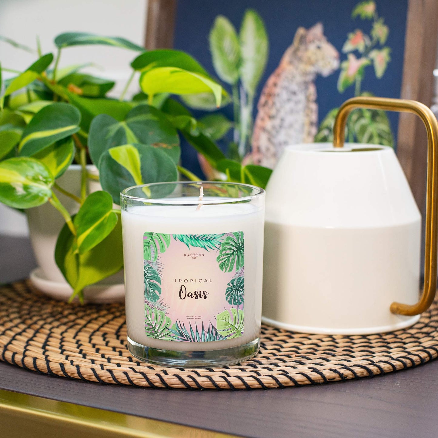 Kate Bissett Baubles Tropical Oasis Scented Premium Candle and Jewelry with Surprise Earring Inside | 10 oz Large Candle | Made in USA | Parrafin Free