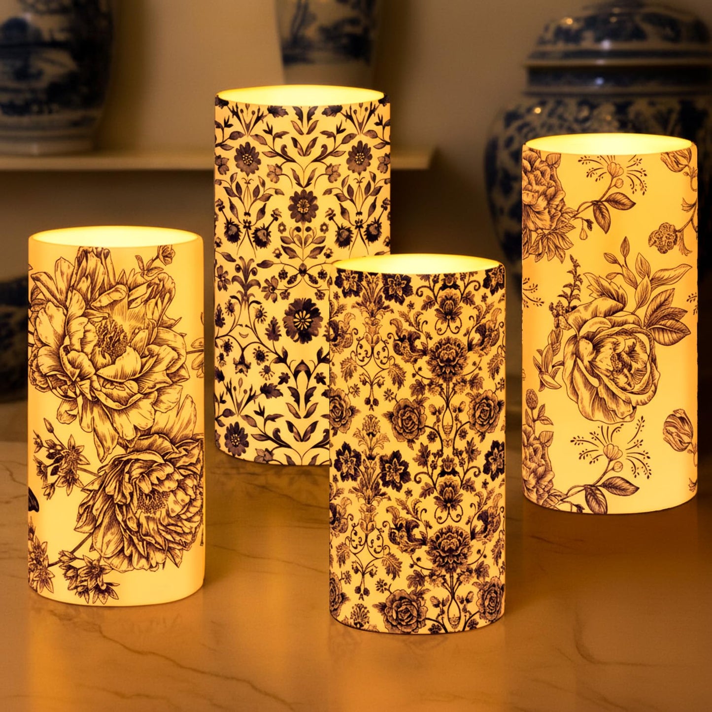 Tiamon 4 Pcs Chinoiserie Flameless Pillar Candles LED Blue and White Porcelain Candles Set Battery Operated Warm Light Flickering Chinoiserie Decor for Wedding Home Table Party Decoration