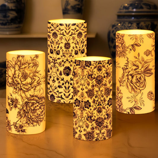 Tiamon 4 Pcs Chinoiserie Flameless Pillar Candles LED Blue and White Porcelain Candles Set Battery Operated Warm Light Flickering Chinoiserie Decor for Wedding Home Table Party Decoration