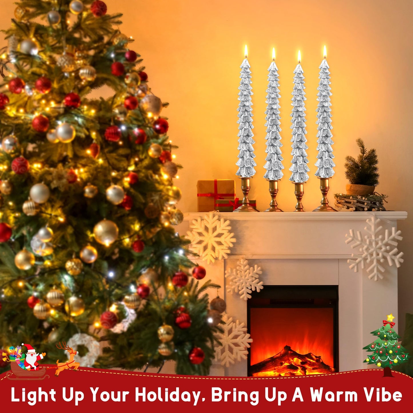 Ceoighe 8 Pack Christmas Tree Candles, 10 Inch Pure Beeswax Christmas Tree Shaped Taper Candles for Xmas Holiday Decor, Advent Party Banquet Centerpiece Decoration(Silver)