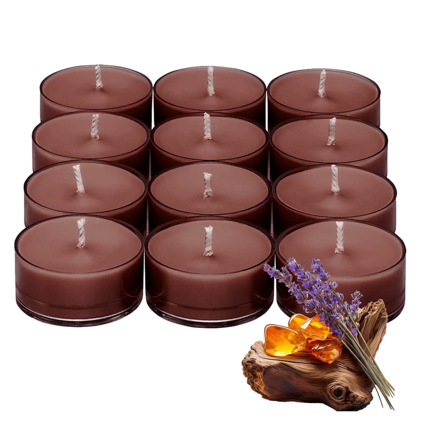 PartyLite Tea Lights Candles, Amber and Smoked Patchouli with Lavender Scent, Gift Set of 12, Aromatherapy with up to 4 to 6 Hours Burn Time, Ideal for Home Decor, Holiday Gifting & Celebration