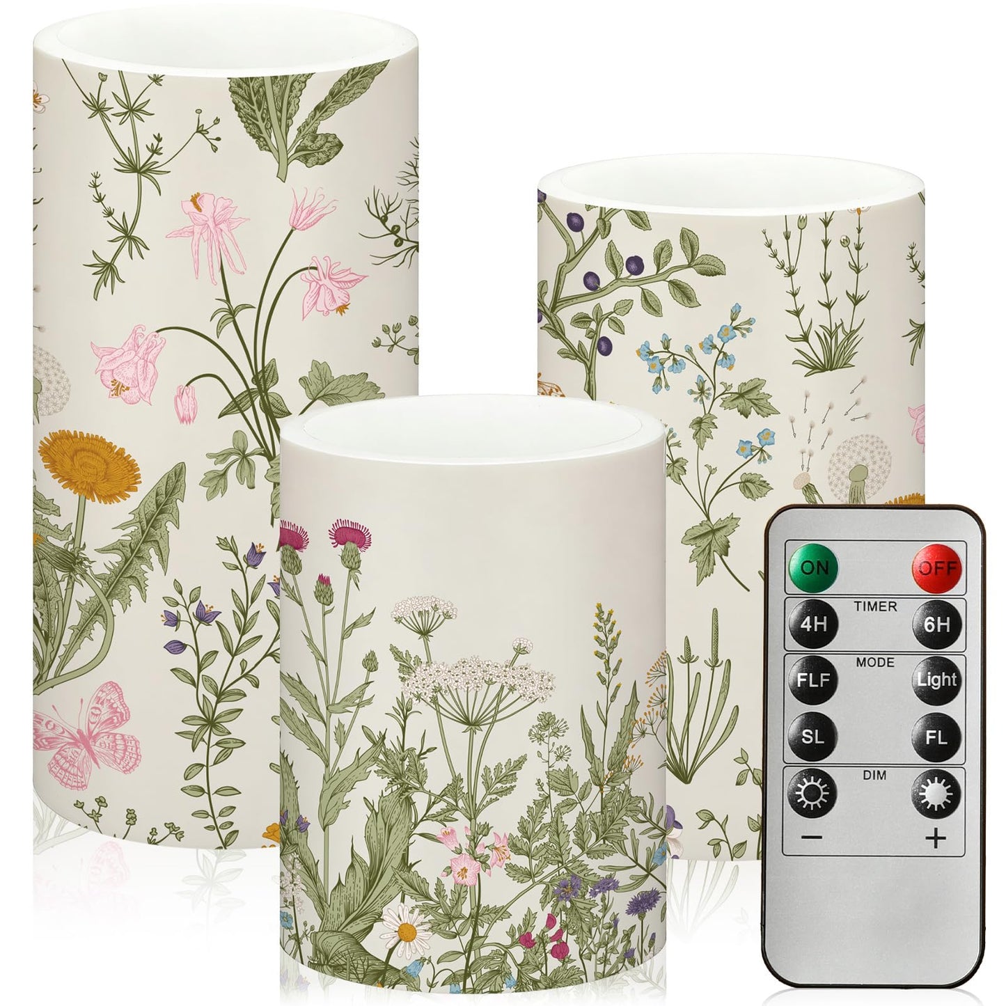Baquler Wildflowers Floral Glass Flameless Candles with Remote Timer Battery Operated LED Flickering Pillar Spring Summer Butterfly Dinner Holiday Decor
