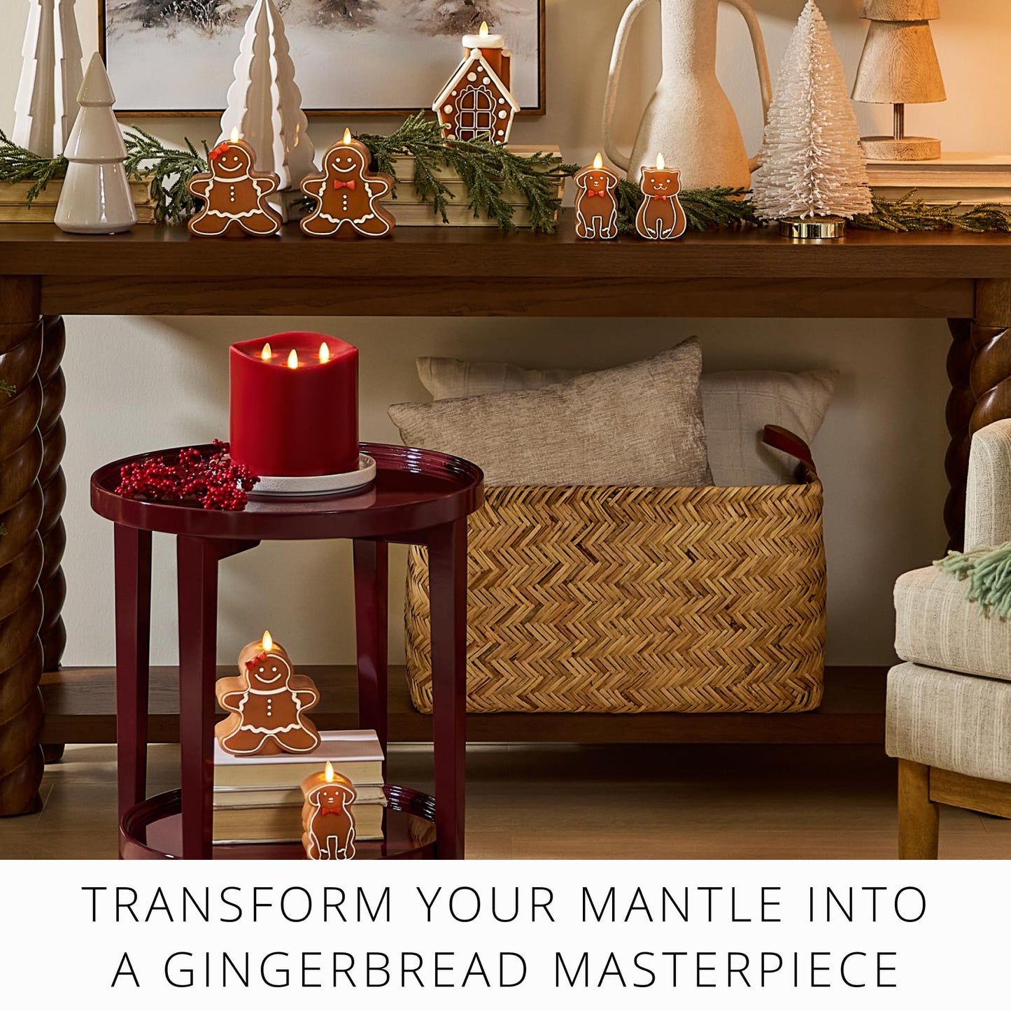 Luminara Flickering Flameless Candle 2.5" x 4.3", Battery Operated & Timer Function, Remote Ready (Sold Separately), Gingerbread Cat Moving Flame LED Light Figural Candle for Christmas Holiday Display