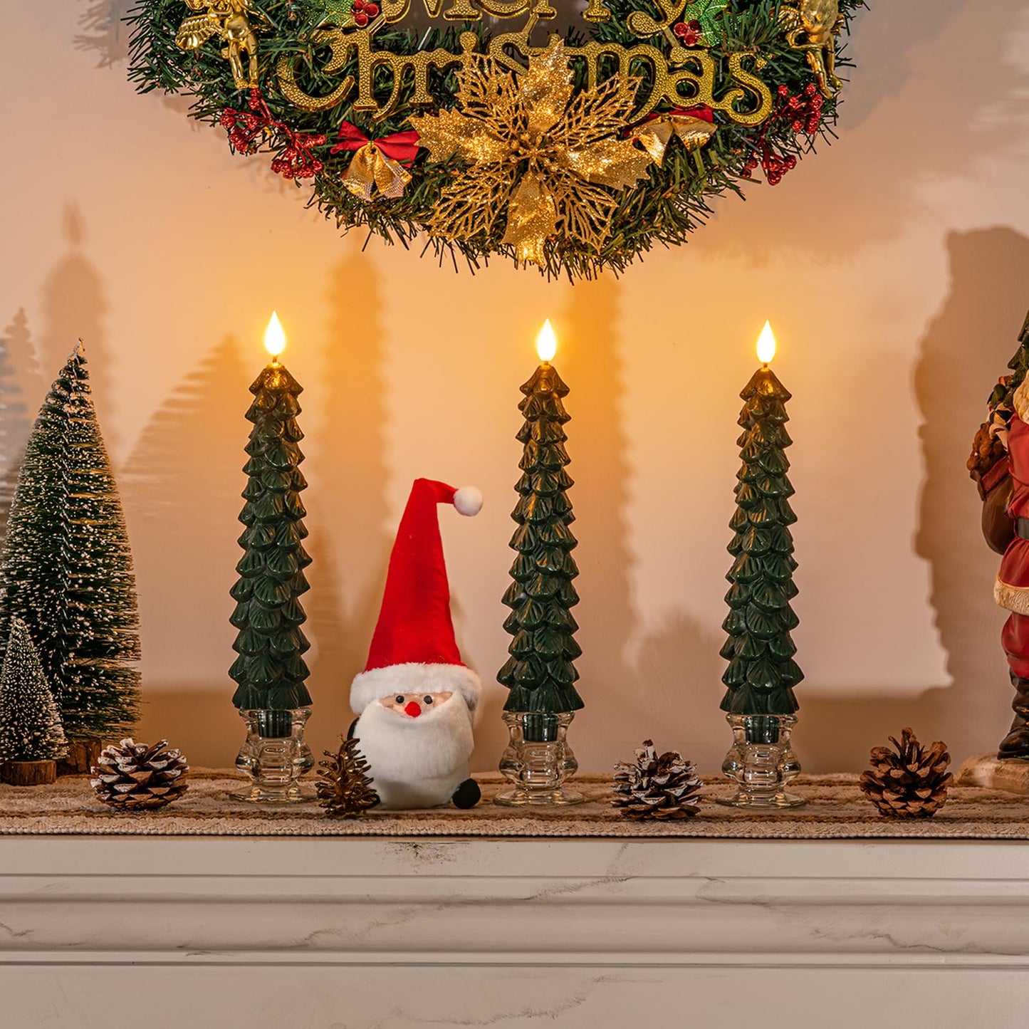Homemory 3 Pcs Christmas Tree Candles with Remote, Waxy Flameless Taper Candles Flickering, Green LED Candlesticks Battery Operated for New Year Celebration Holiday Decorations 9.7 Inches