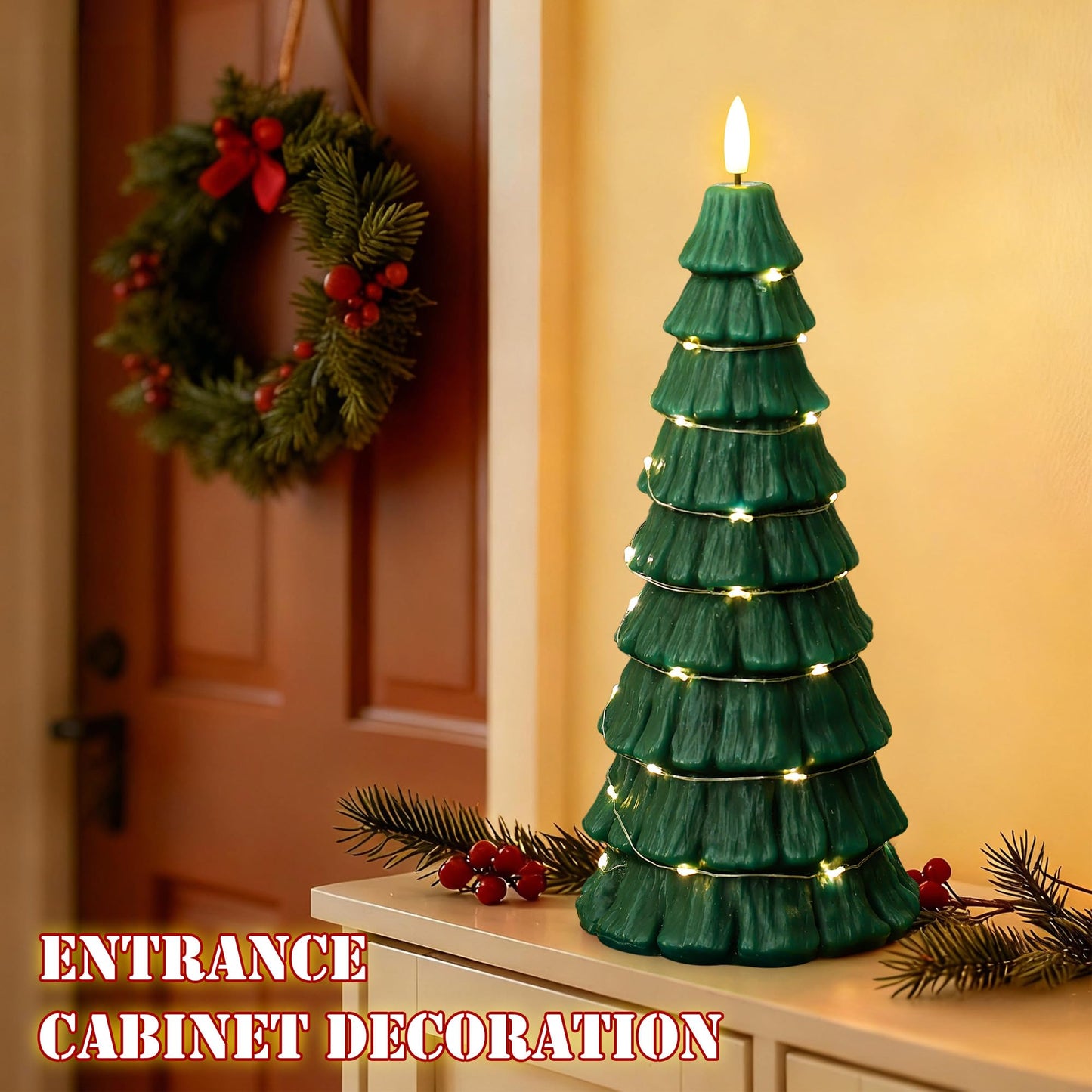Flameless Christmas Tree Candles with Remote, 3D Flickering Flame Battery Operated LED Candle with Starlight String, Large Electric Tree Candles for Christmas Home Decor, Green