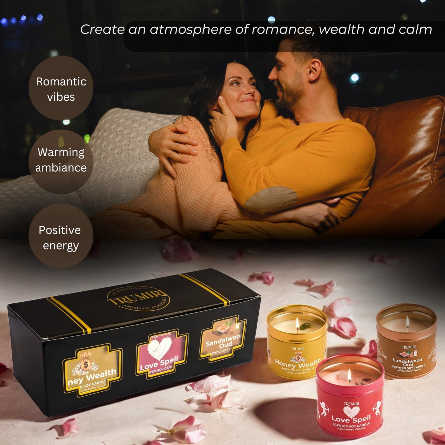 Love Spell, Money Wealth, Sandalwood Oud - Soy Candles Non Toxic - Highly Scented Long Lasting with Essential Oils - Variety Pack of 3 x 5oz - for Home Aromatherapy Meditation Gift Travel
