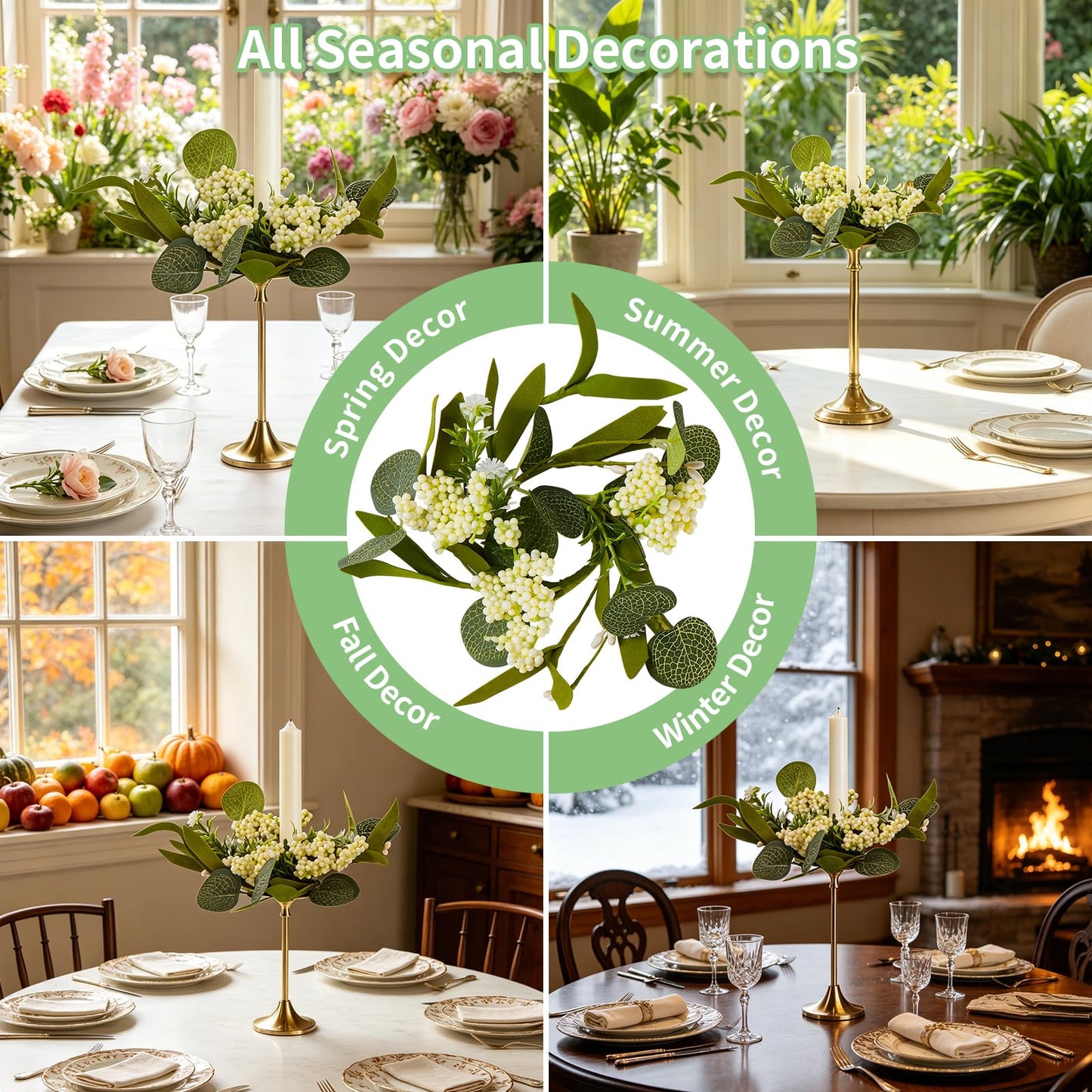 6 PCS Eucalyptus Mini Candle Rings Wreaths 1.38" Green Artificial Flower Berry Candle Holder Ring Spring Summer Flower Rings for Centerpieces Farmhouse Home Church Candlesticks Table Decor