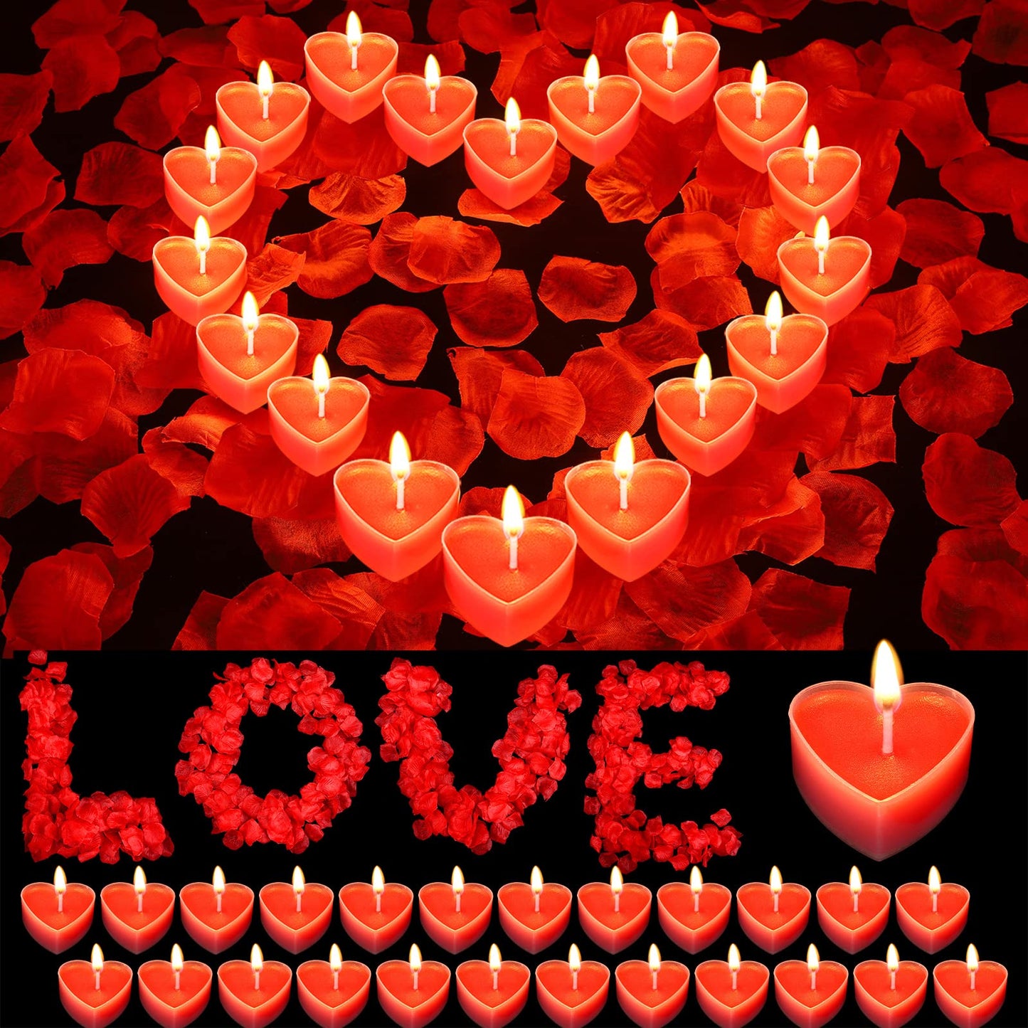 Giegxin 2000 Pcs Red Rose Petals with 24 Pcs Heart Tealight Candles for Romantic Night for Her Set Valentine's Day Anniversary Wedding Table Decor Home Party Gift