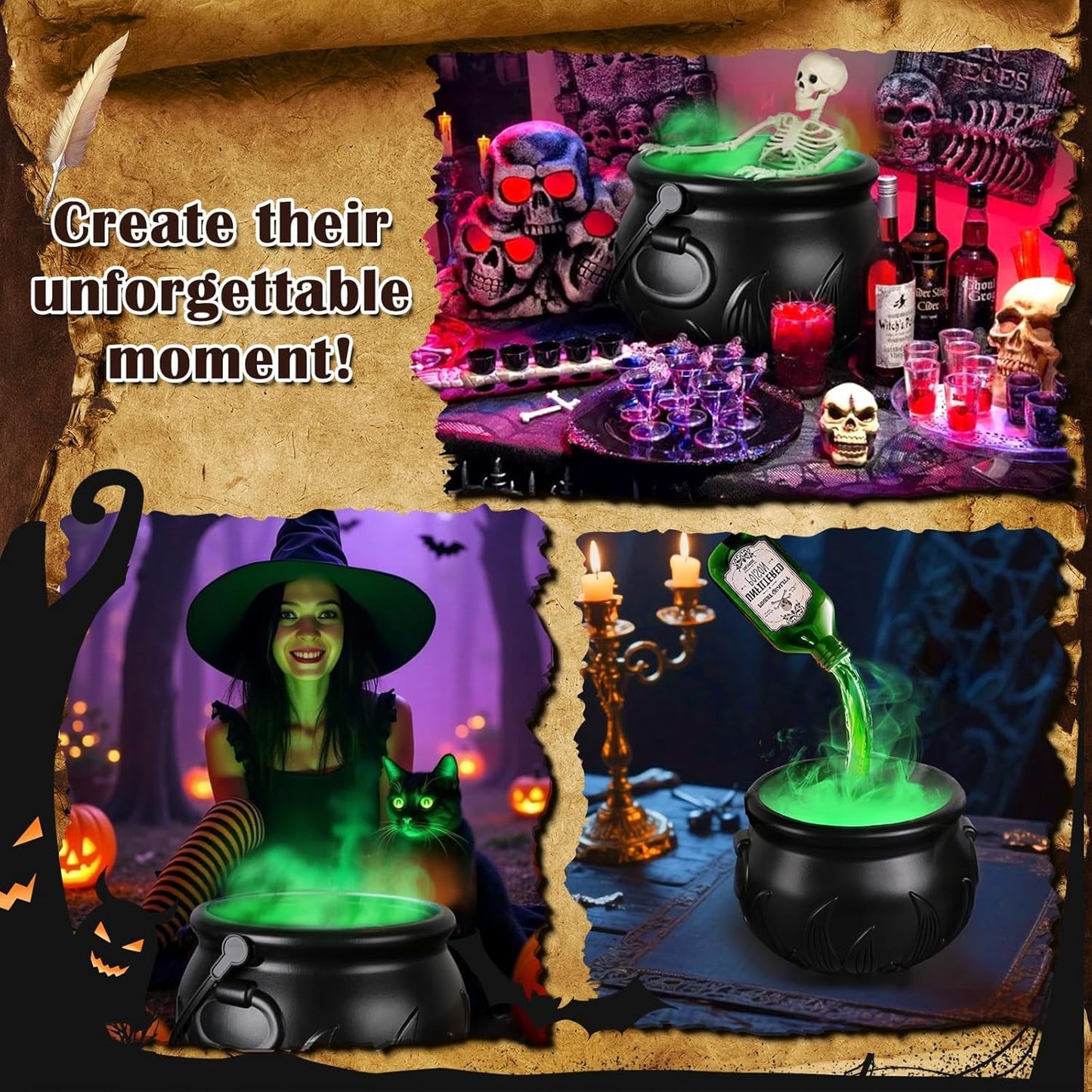 Halloween Decorations Indoor, Cauldron Halloween Decor with Magic Floating Potion Bottles and Diffuser - Black Witches Bowl Hocus Pocus Party Decoration for Spooky Home Kitchen Table (10in/25cm)